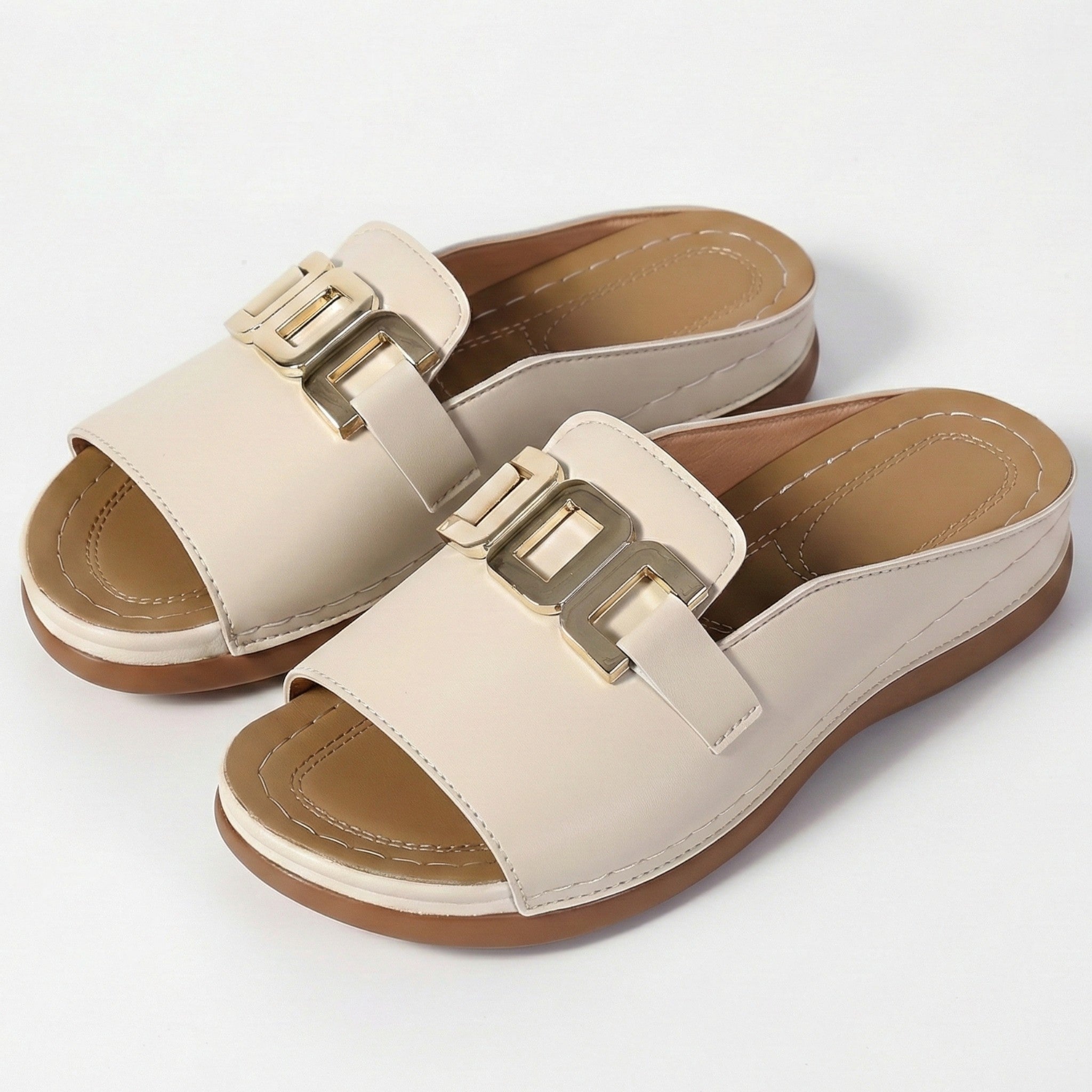 Hannah - Women's Breathable Buckle Flat Sandals - Footwear - Beige - Taylor & Bennett