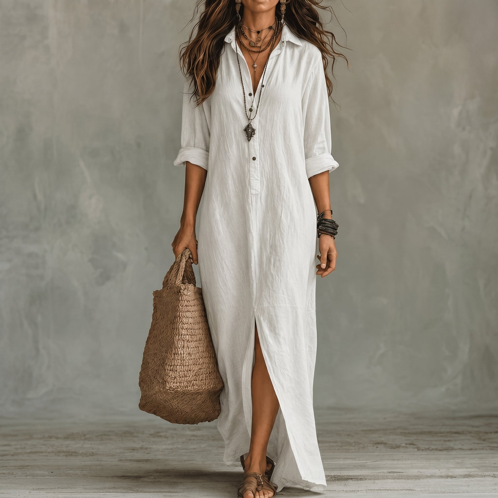 Hannah - Women's Casual Collared Maxi Shirt Dress - Maxi Dress - White - Taylor & Bennett
