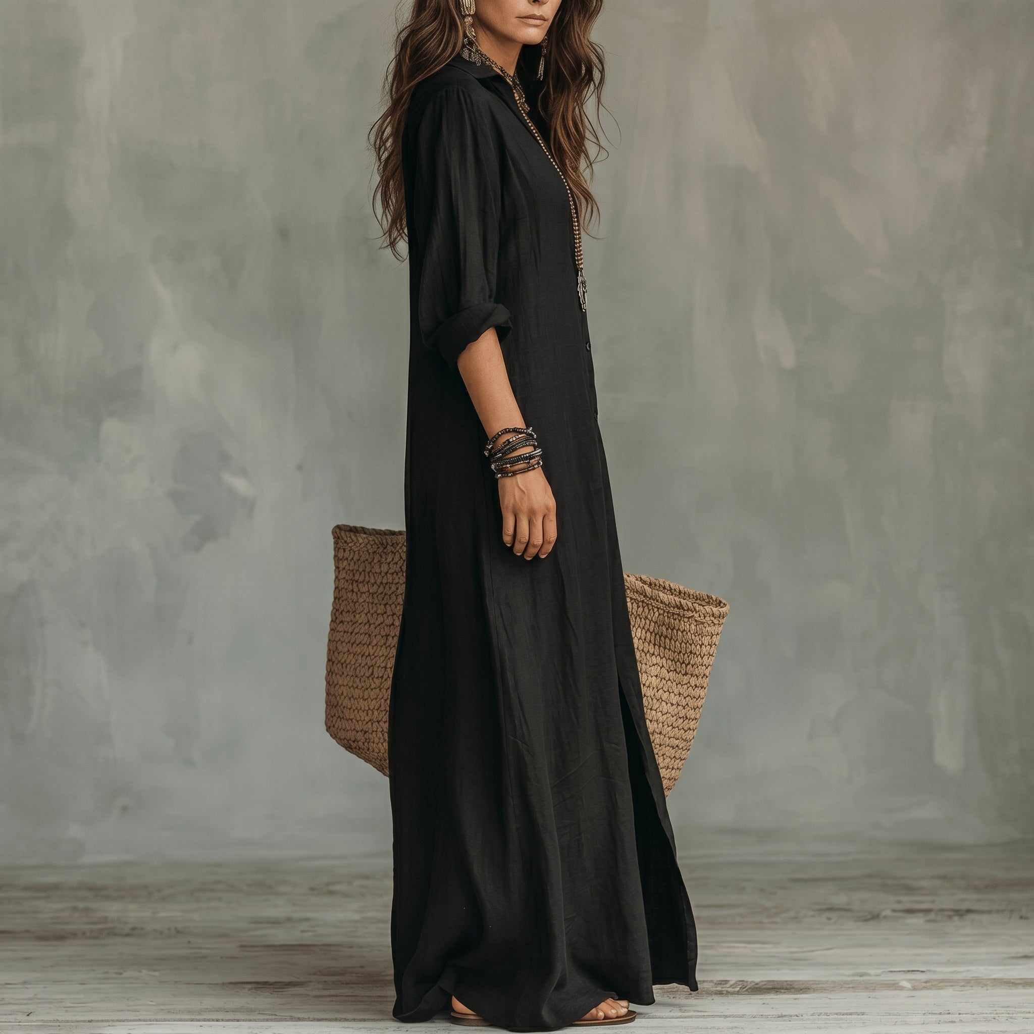 Hannah - Women's Casual Collared Maxi Shirt Dress - Maxi Dress - Black - Taylor & Bennett