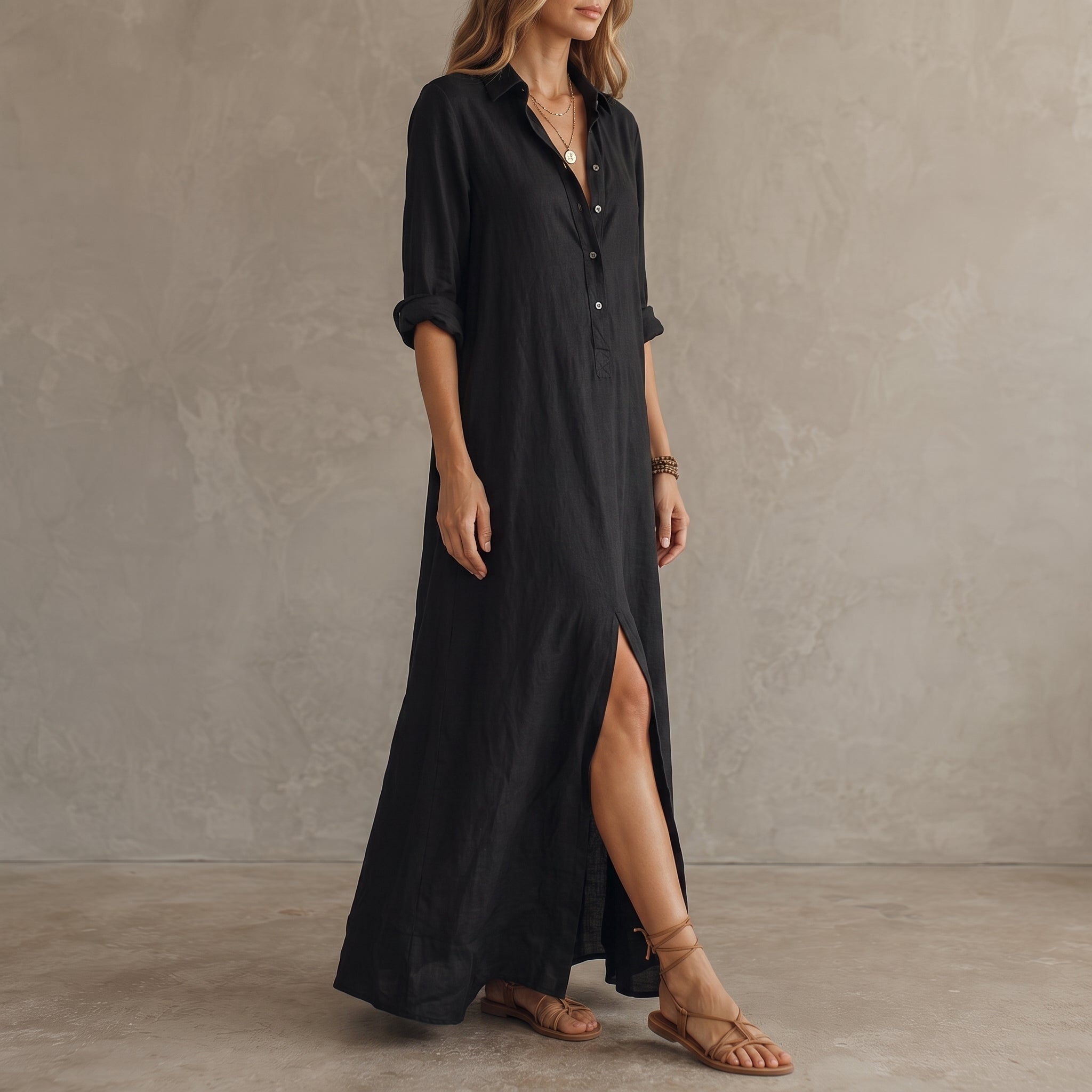 Hannah - Women's Casual Collared Maxi Shirt Dress - Maxi Dress - Black - Taylor & Bennett