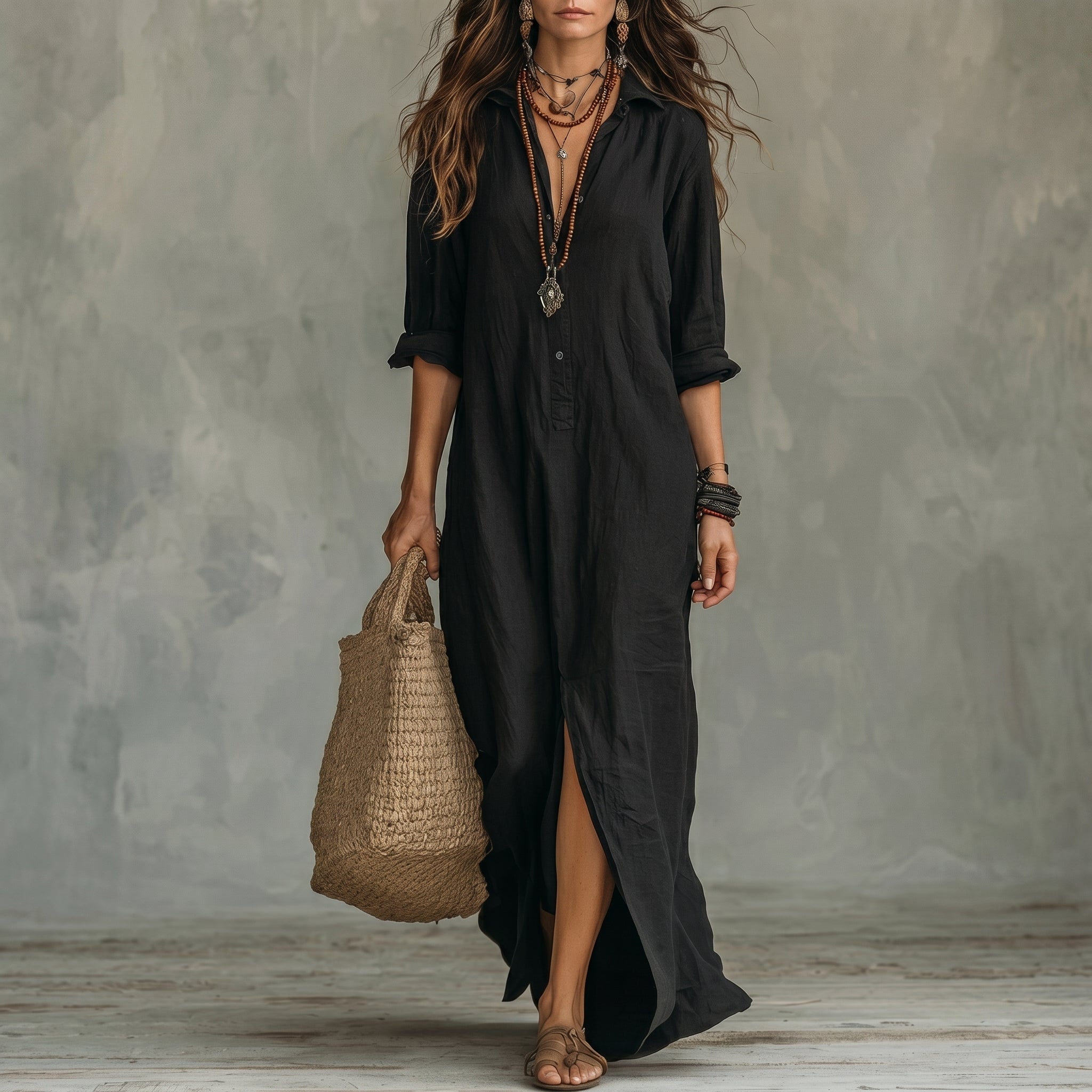 Hannah - Women's Casual Collared Maxi Shirt Dress - Maxi Dress - Black - Taylor & Bennett