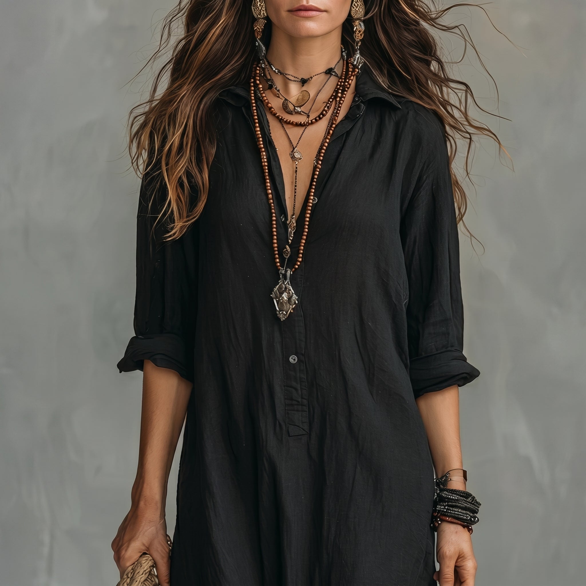 Hannah - Women's Casual Collared Maxi Shirt Dress - Maxi Dress - Black - Taylor & Bennett