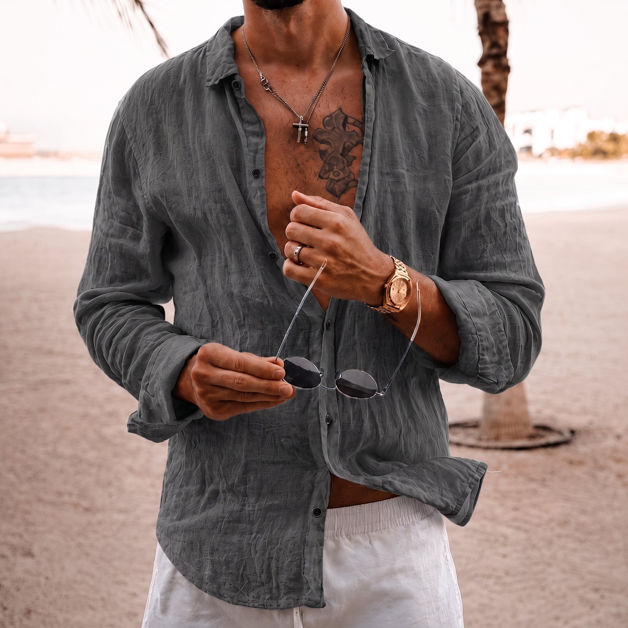 Hans – Men's Summer Loose Fit Long Sleeve Shirt - Shirts - Grey - Taylor & Bennett