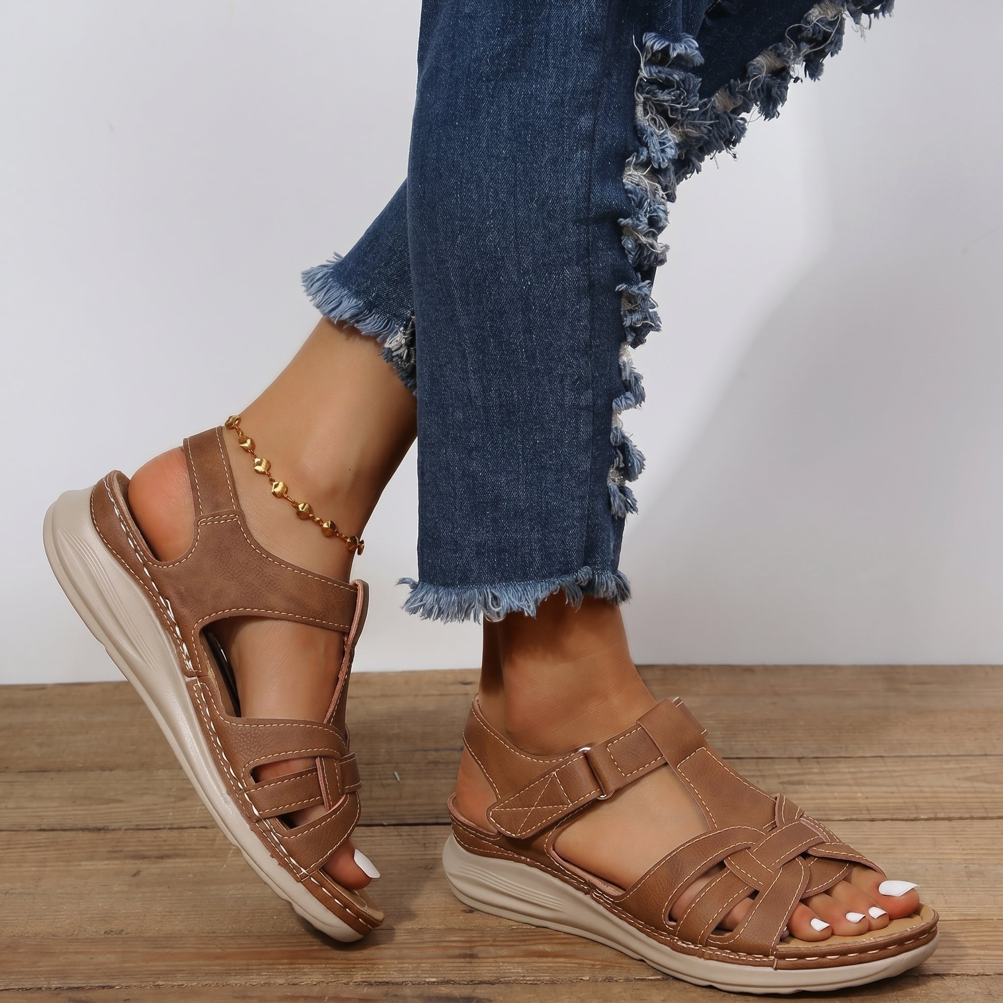 Helen - Women's Orthopaedic Velcro Cut-Out Wedge Sandals - Sandal - Brown - Taylor & Bennett
