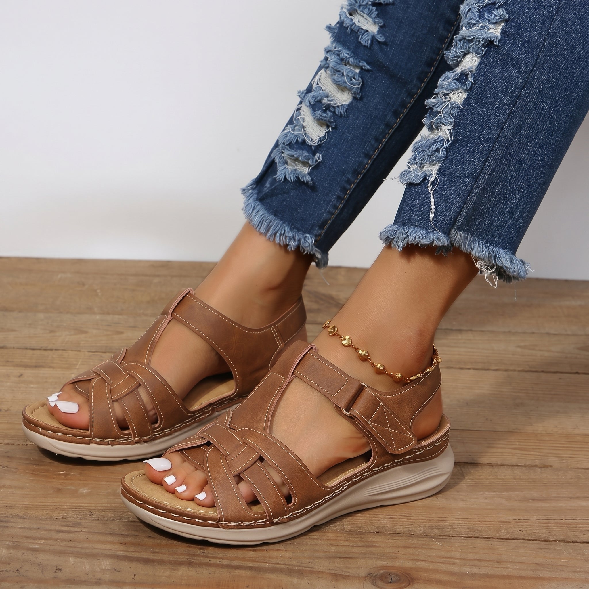 Helen - Women's Orthopaedic Velcro Cut-Out Wedge Sandals - Sandal - Brown - Taylor & Bennett