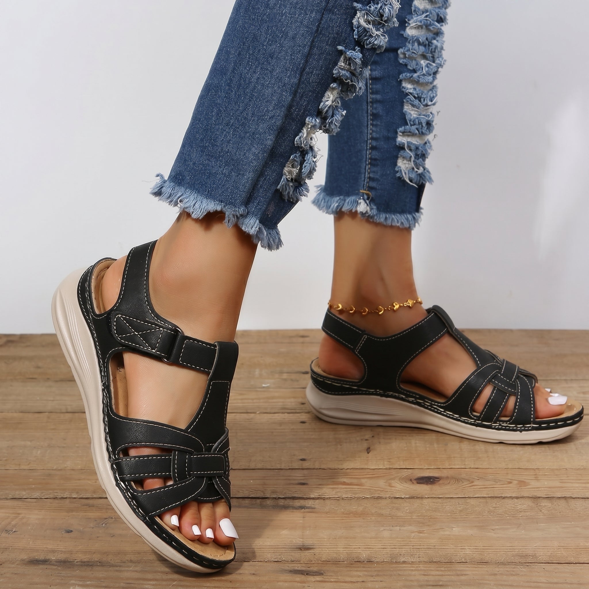 Helen - Women's Orthopaedic Velcro Cut-Out Wedge Sandals - Sandal - Black - Taylor & Bennett