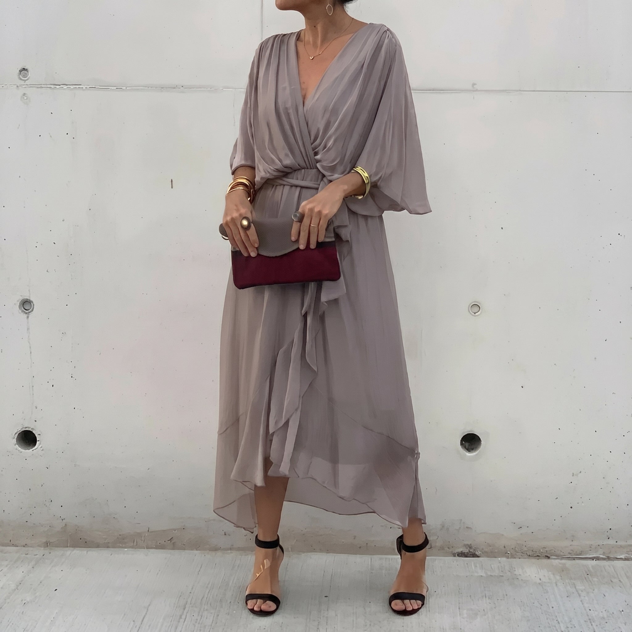 Helena - Women's Summer Wrap Chiffon Maxi Dress - Maxi Dress - Grey - Taylor & Bennett