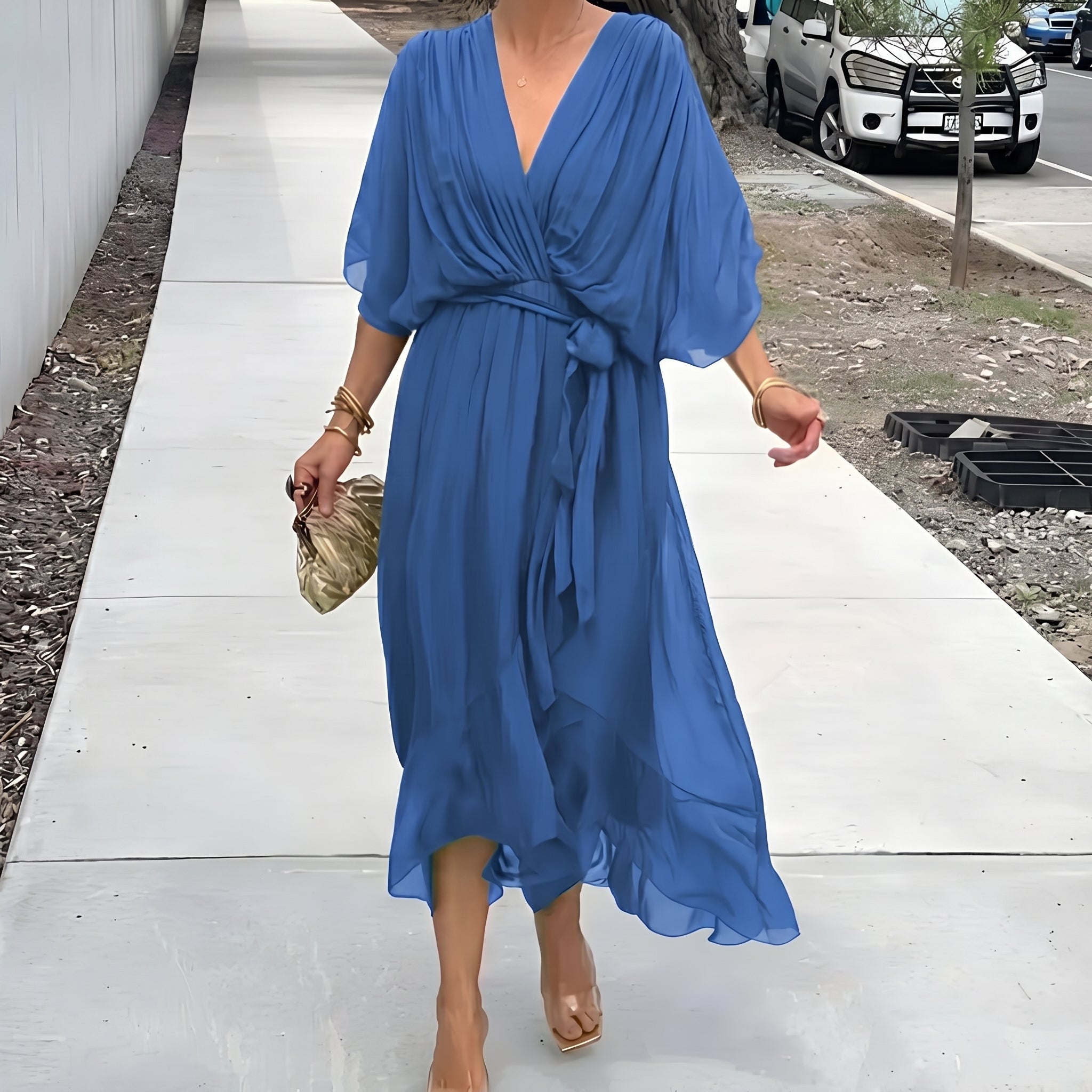 Helena - Women's Summer Wrap Chiffon Maxi Dress - Maxi Dress - Blue - Taylor & Bennett