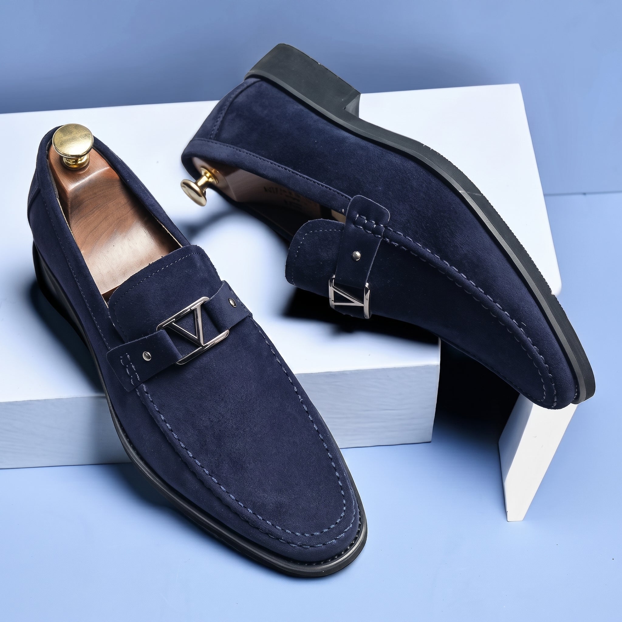 Henry - Men's Formal Loafers with Metal Buckle Detail - Loafers - Blue - Taylor & Bennett