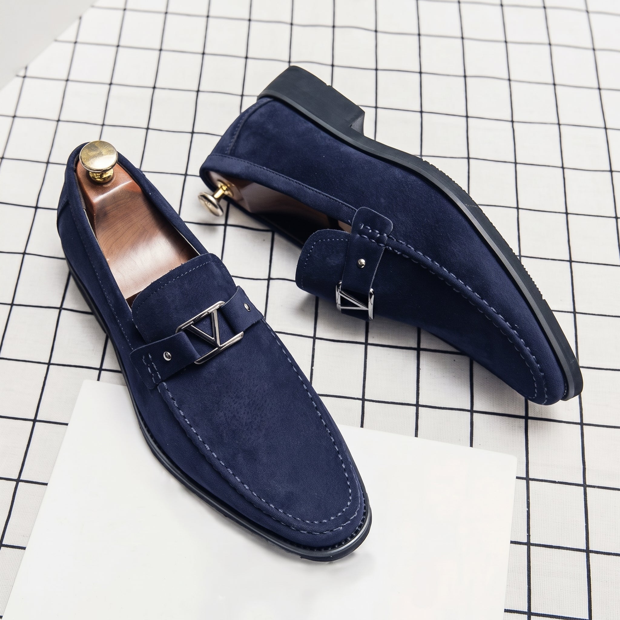 Henry - Men's Formal Loafers with Metal Buckle Detail - Loafers - Blue - Taylor & Bennett