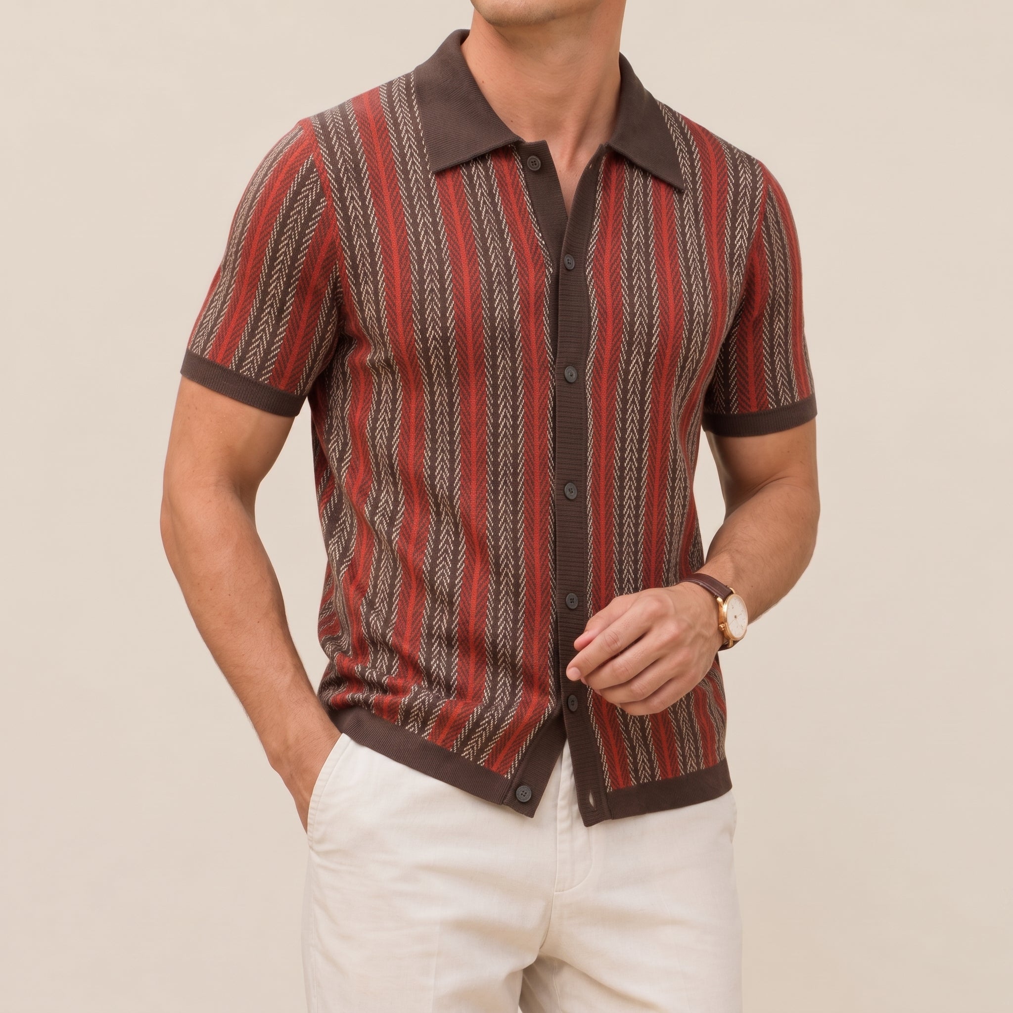 Henry - Men's Summer Vertical Stripe Button-Down Polo Shirt - Polos - Red - Taylor & Bennett