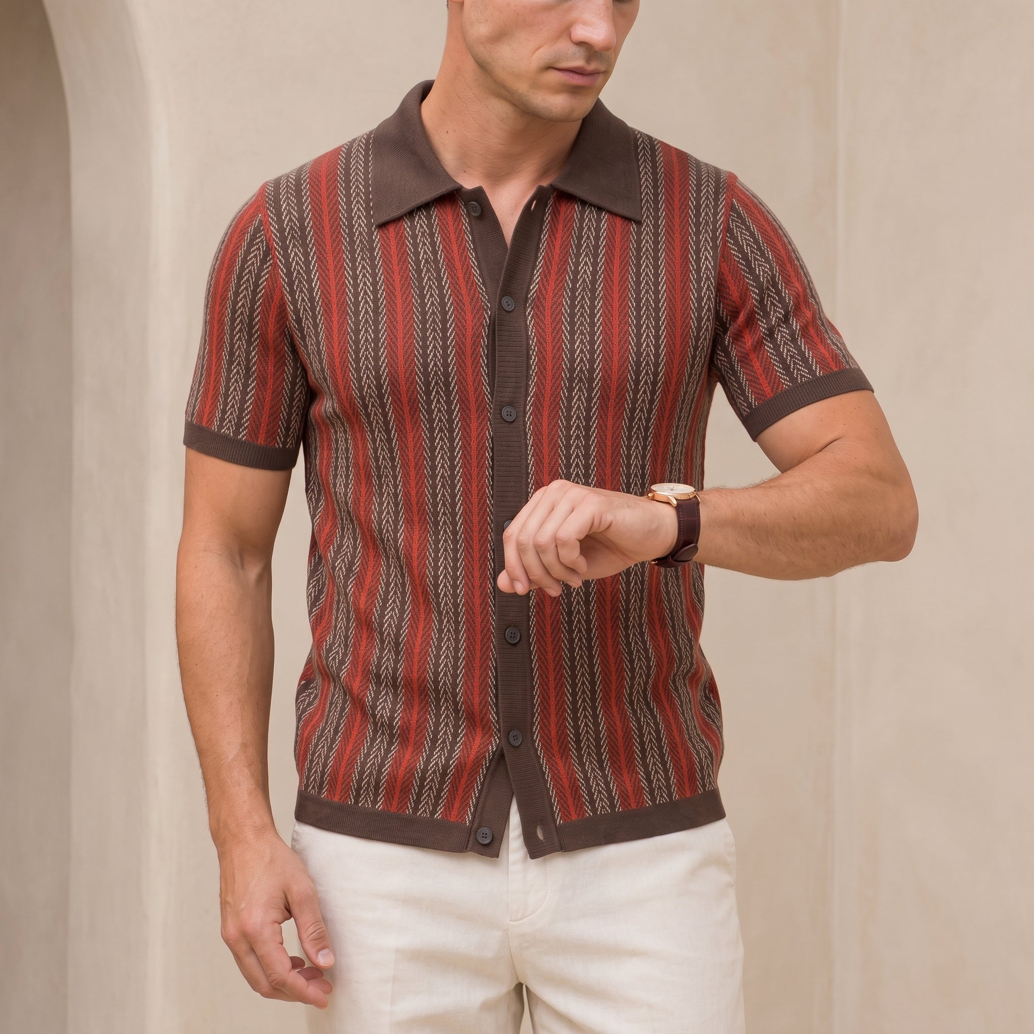 Henry - Men's Summer Vertical Stripe Button-Down Polo Shirt - Polos - Red - Taylor & Bennett