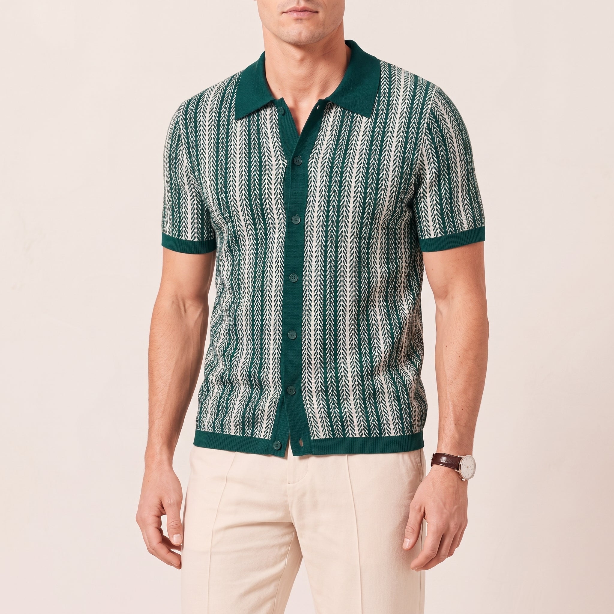 Henry - Men's Summer Vertical Stripe Button-Down Polo Shirt - Polos - Green - Taylor & Bennett