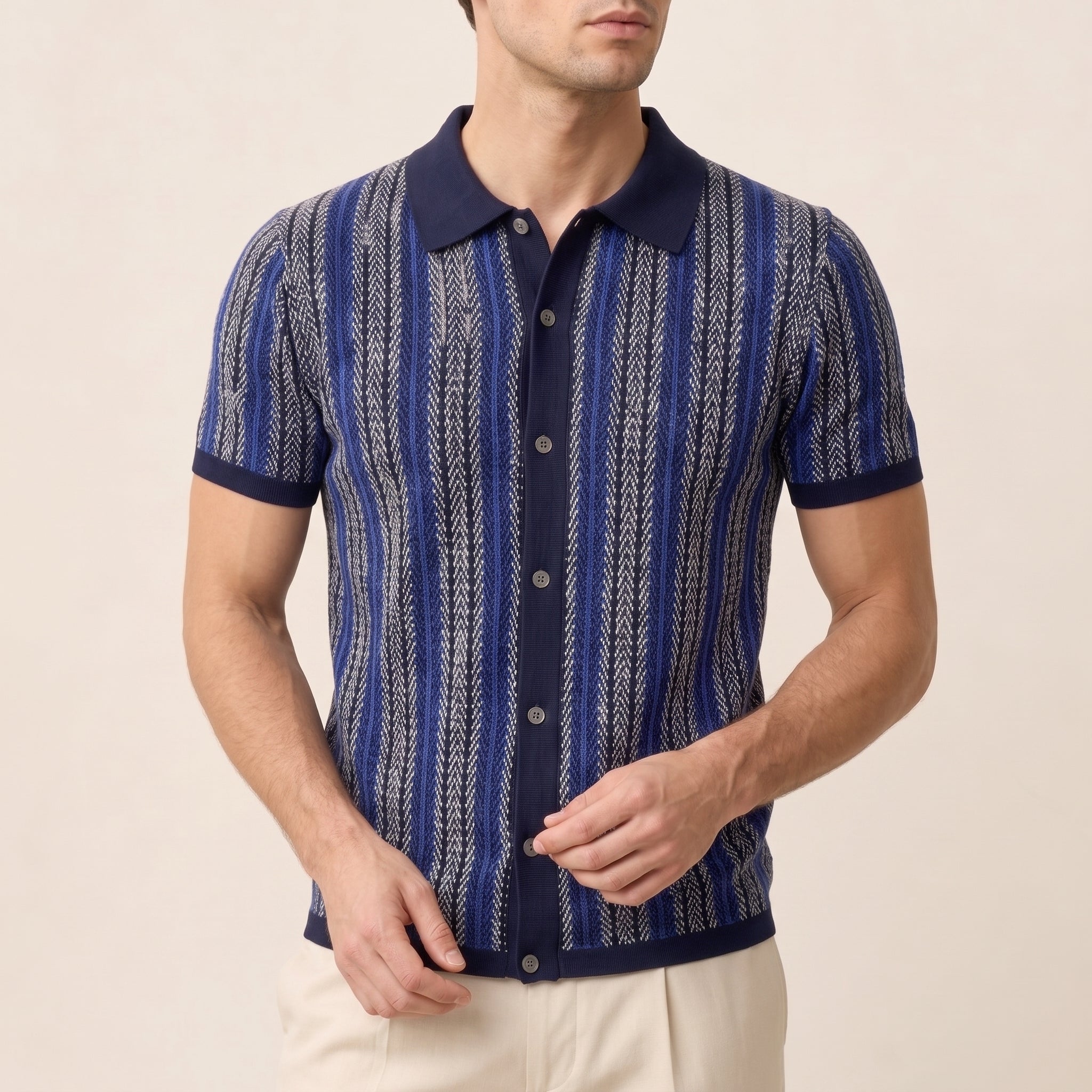 Henry - Men's Summer Vertical Stripe Button-Down Polo Shirt - Polos - Navy - Taylor & Bennett