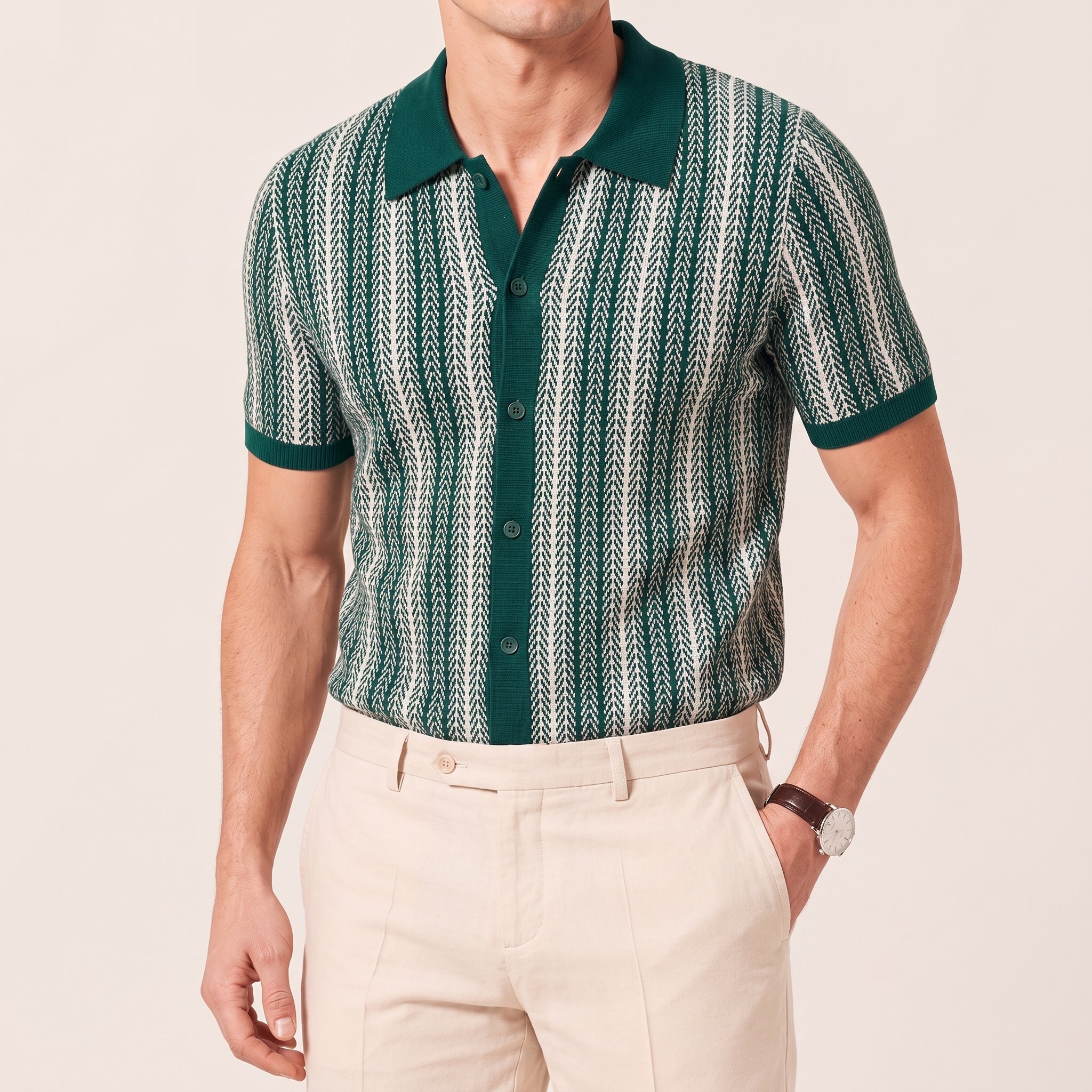 Henry - Men's Summer Vertical Stripe Button-Down Polo Shirt - Polos - Green - Taylor & Bennett