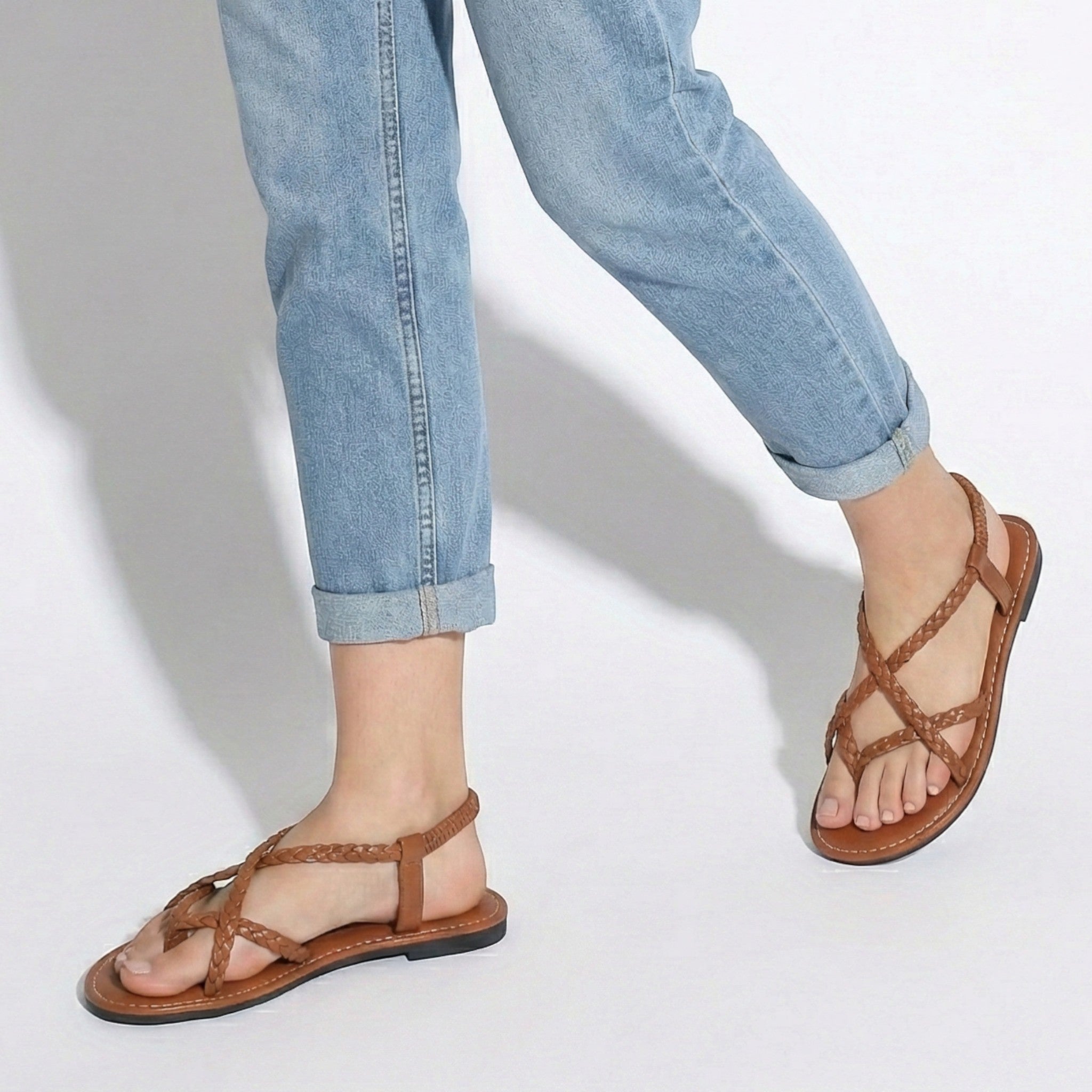 Imogen - Women's Flat Braided Strappy Sandals - Sandals - Brown - Taylor & Bennett