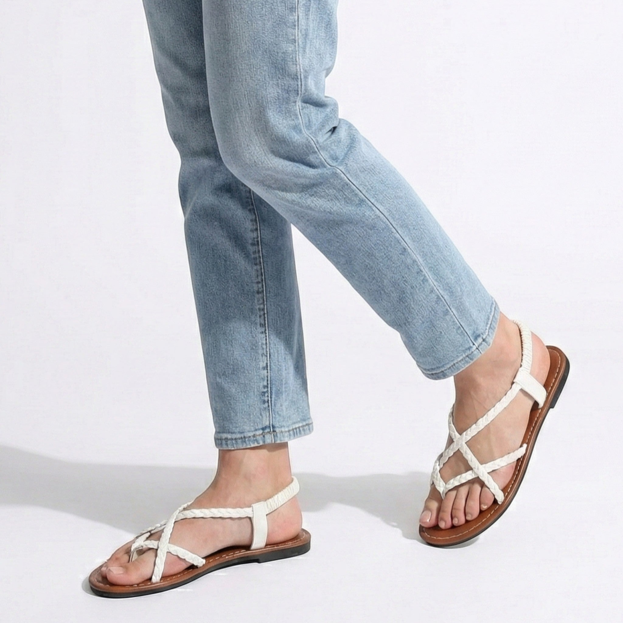 Imogen - Women's Flat Braided Strappy Sandals - Sandals - White - Taylor & Bennett