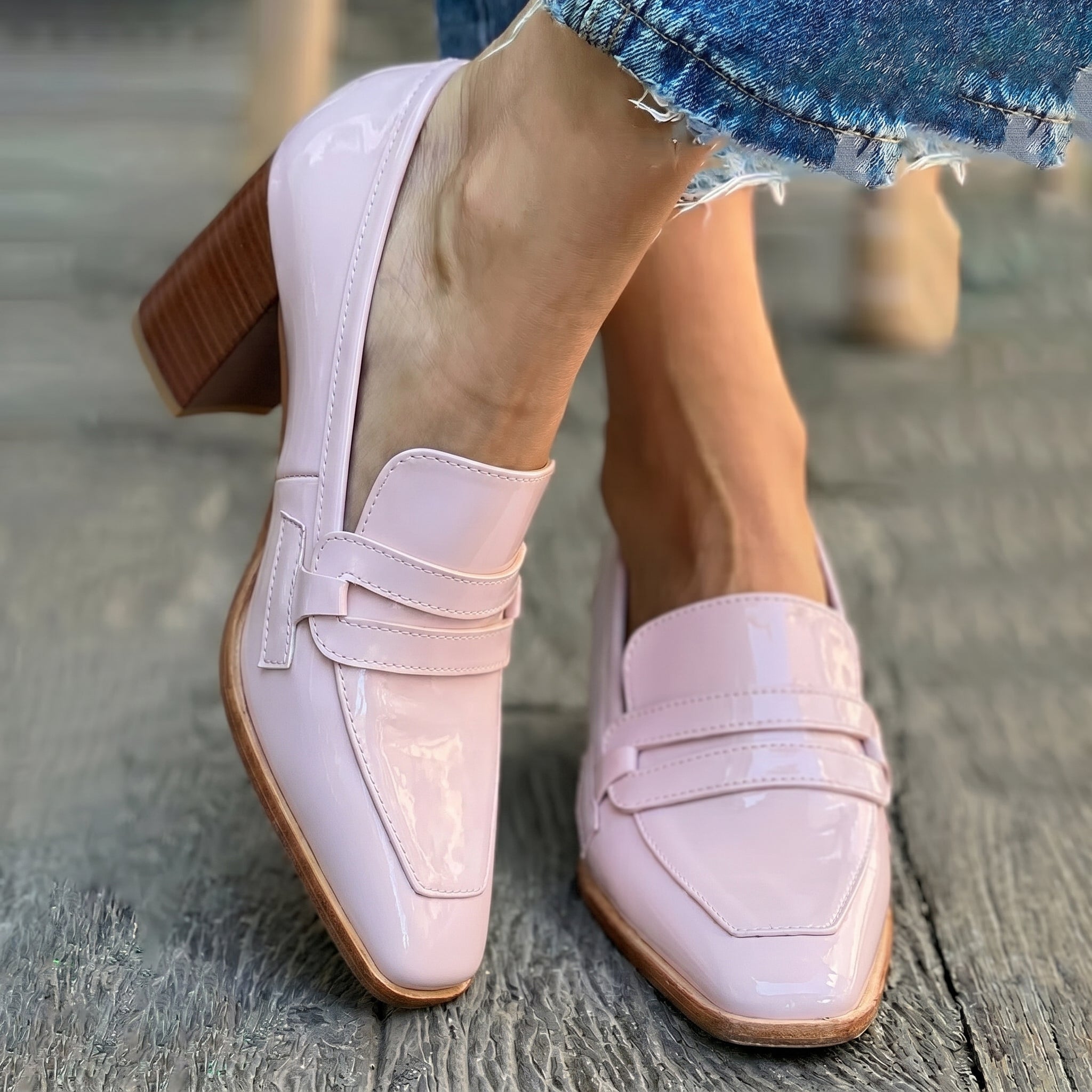 Isabell - Women's Slip - On Penny Loafers with Block Heel - Loafers - Pink - Taylor & Bennett
