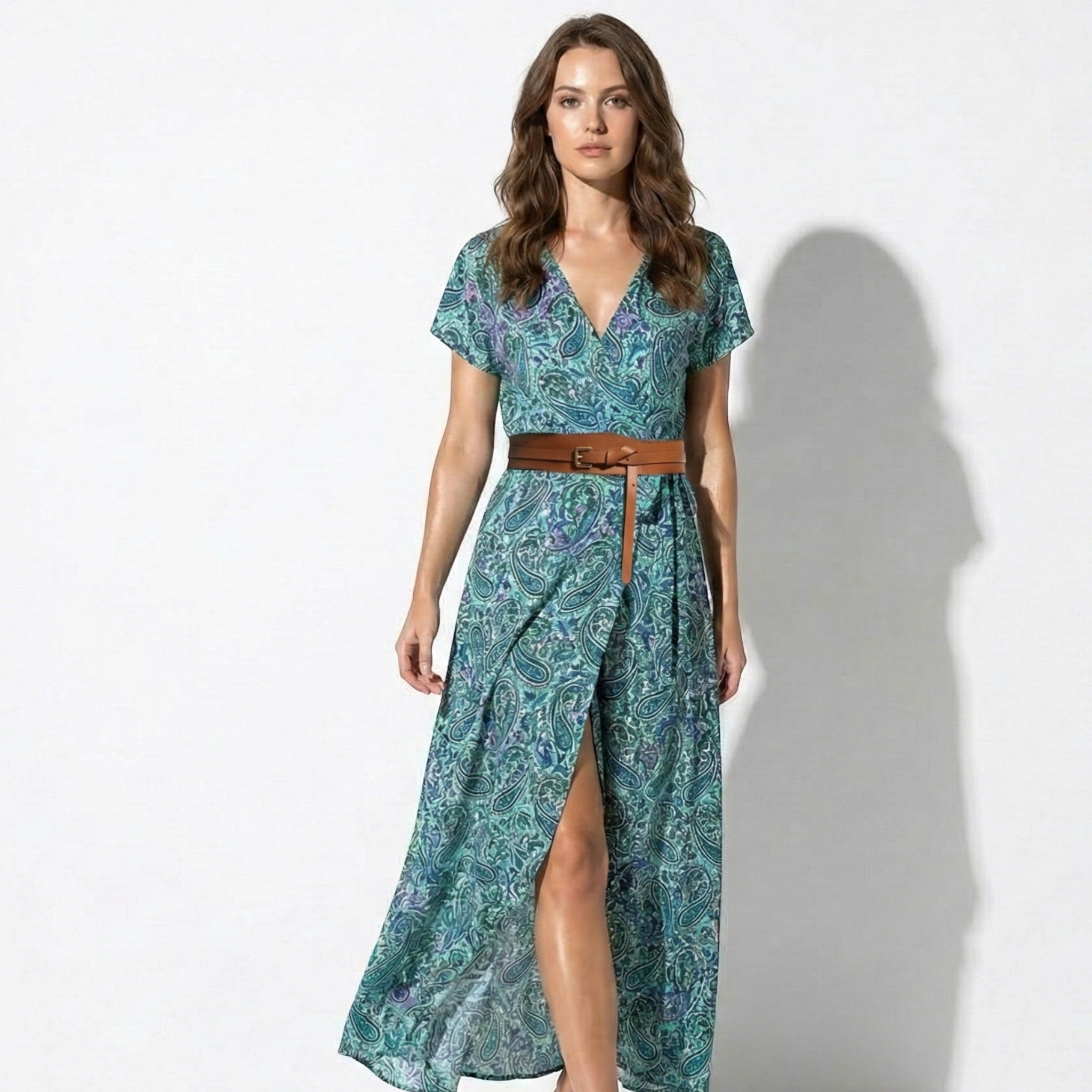 Isabella - Women's Bohemian Floral Maxi Dress with Belt - Dresses - Green - Taylor & Bennett