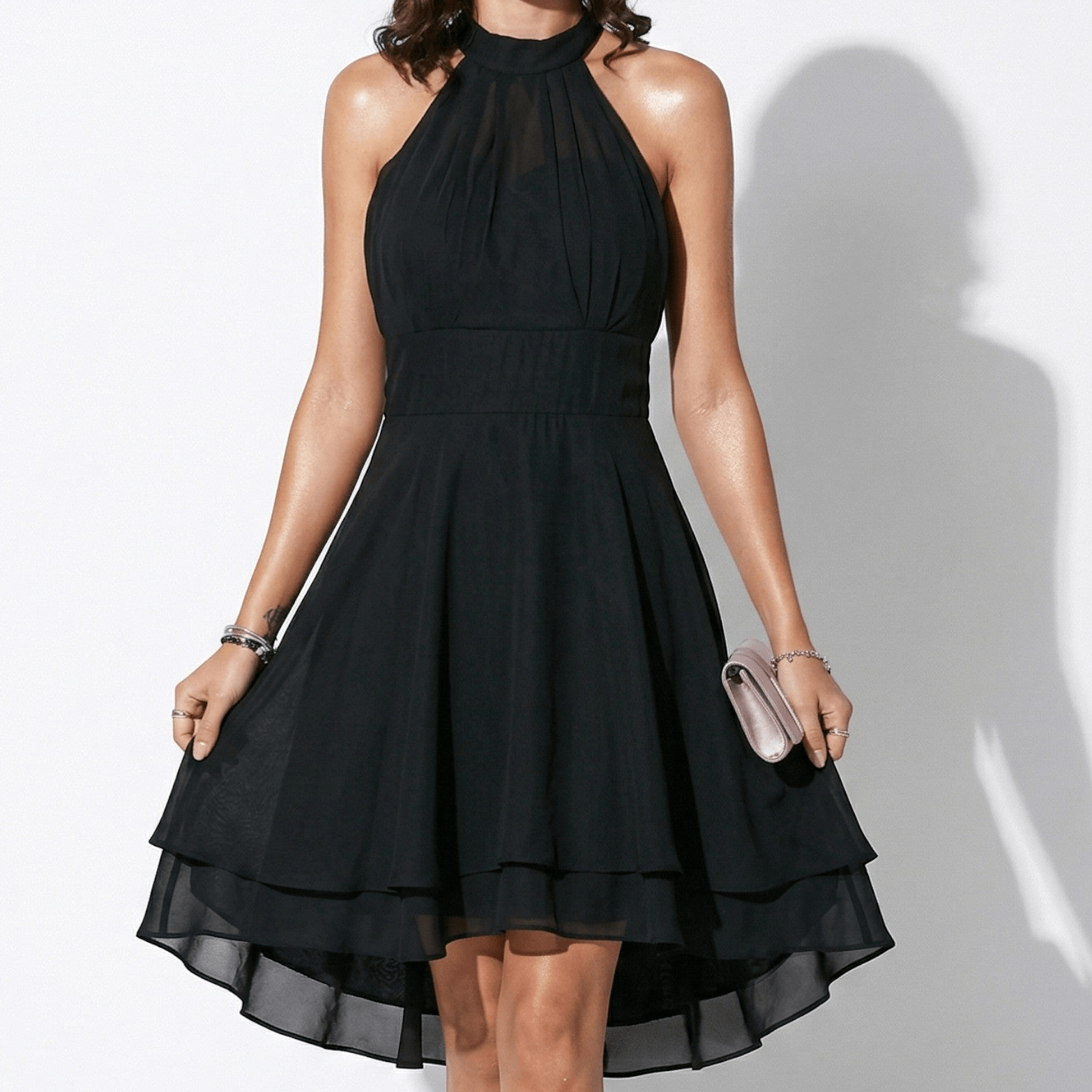 Isabella - Women's High Neck Chiffon Layered Mini Dress - Mini Dress - Black - Taylor & Bennett