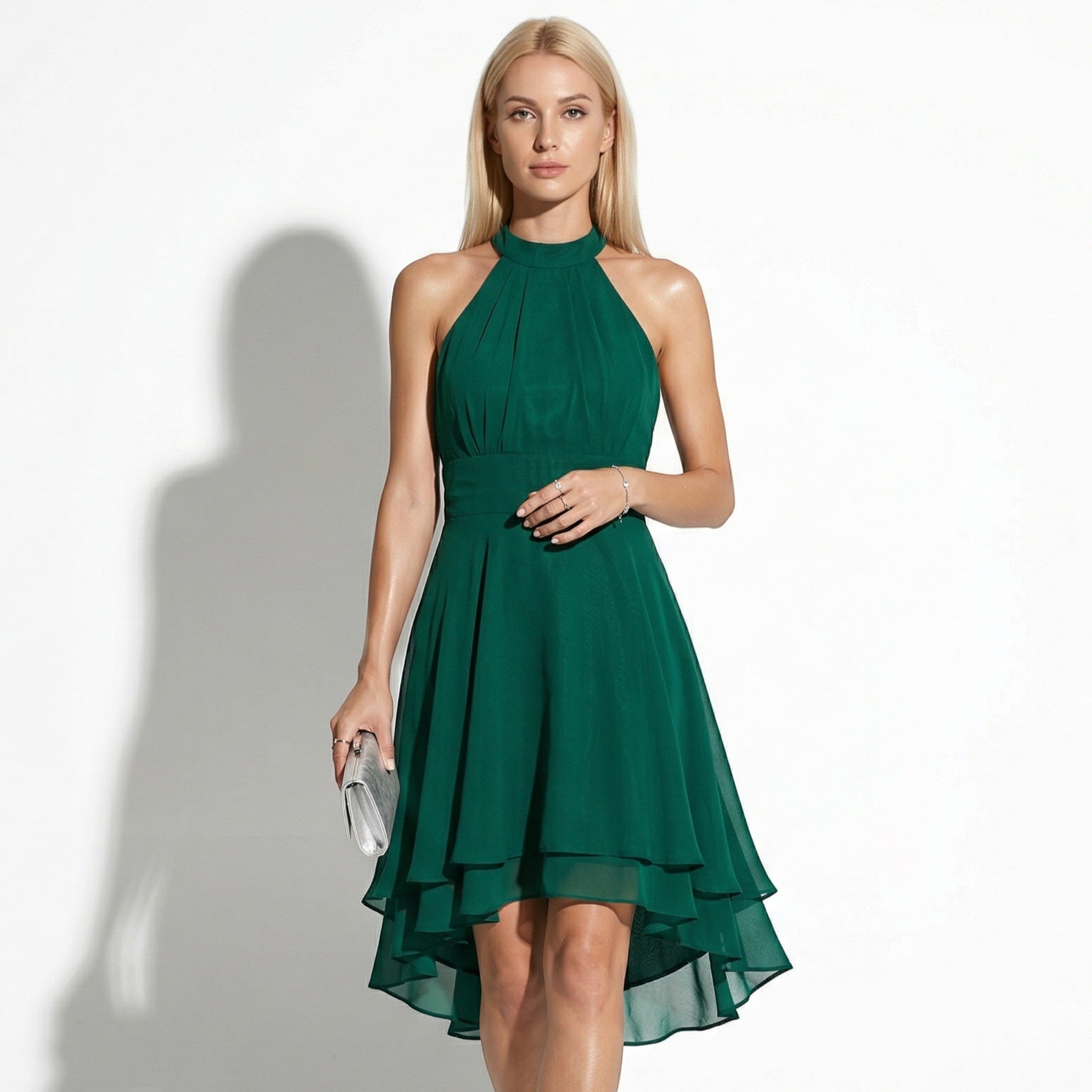 Isabella - Women's High Neck Chiffon Layered Mini Dress - Mini Dress - Green - Taylor & Bennett