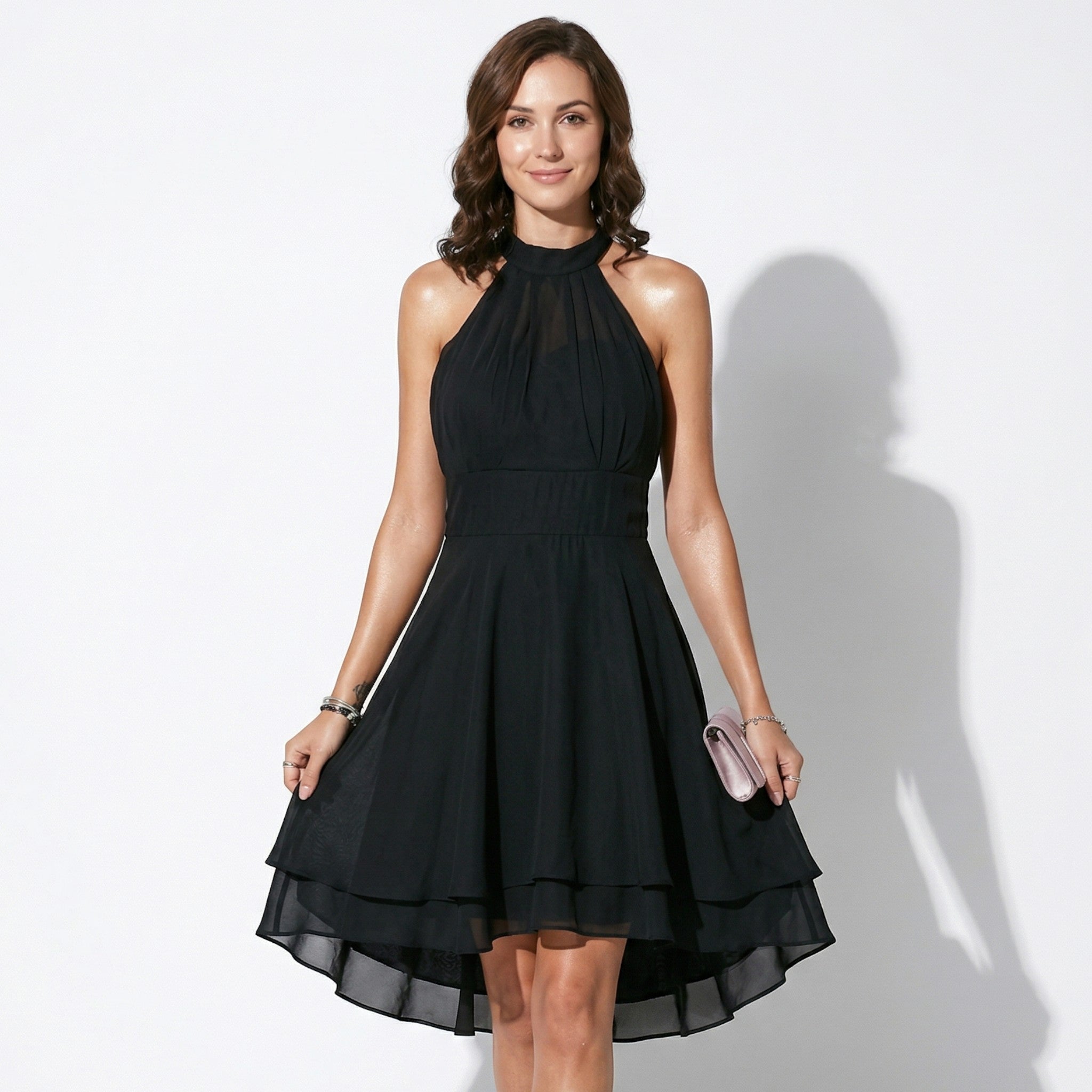 Isabella - Women's High Neck Chiffon Layered Mini Dress - Mini Dress - Black - Taylor & Bennett