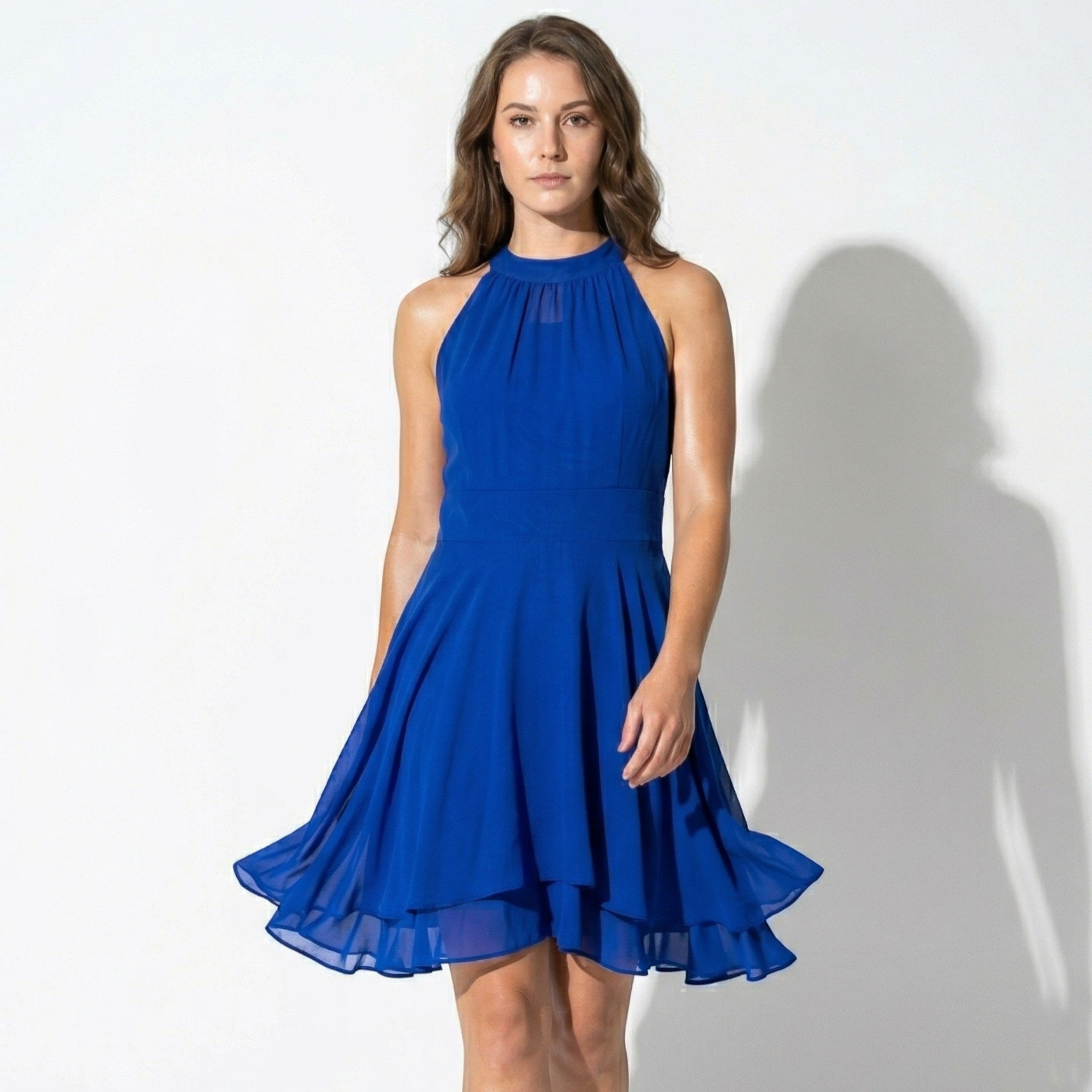 Isabella - Women's High Neck Chiffon Layered Mini Dress - Mini Dress - Blue - Taylor & Bennett