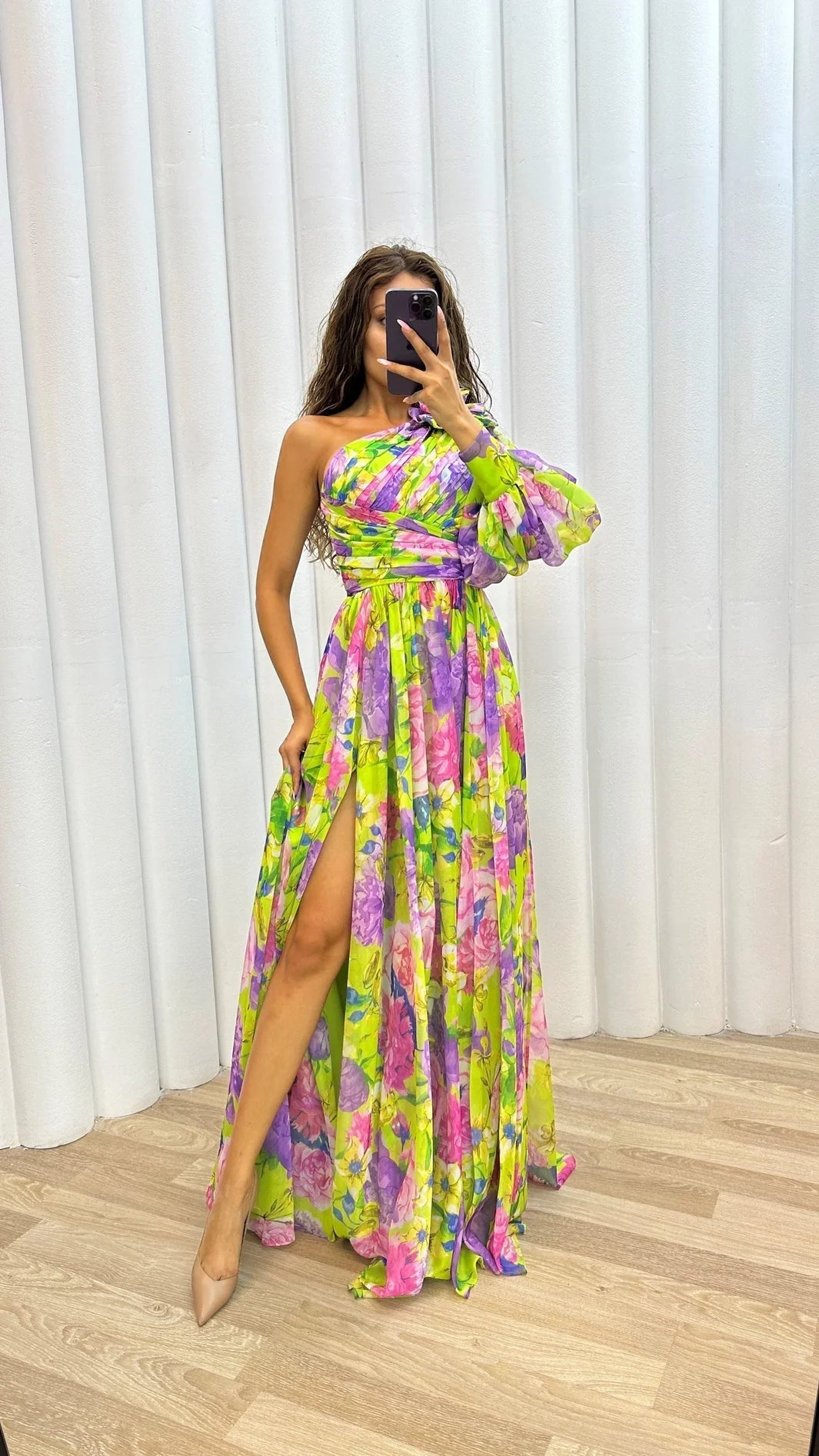 Isabella - Women's One Shoulder Floral Maxi Dress with Balloon Sleeve - Dresses - Yellow - Taylor & Bennett