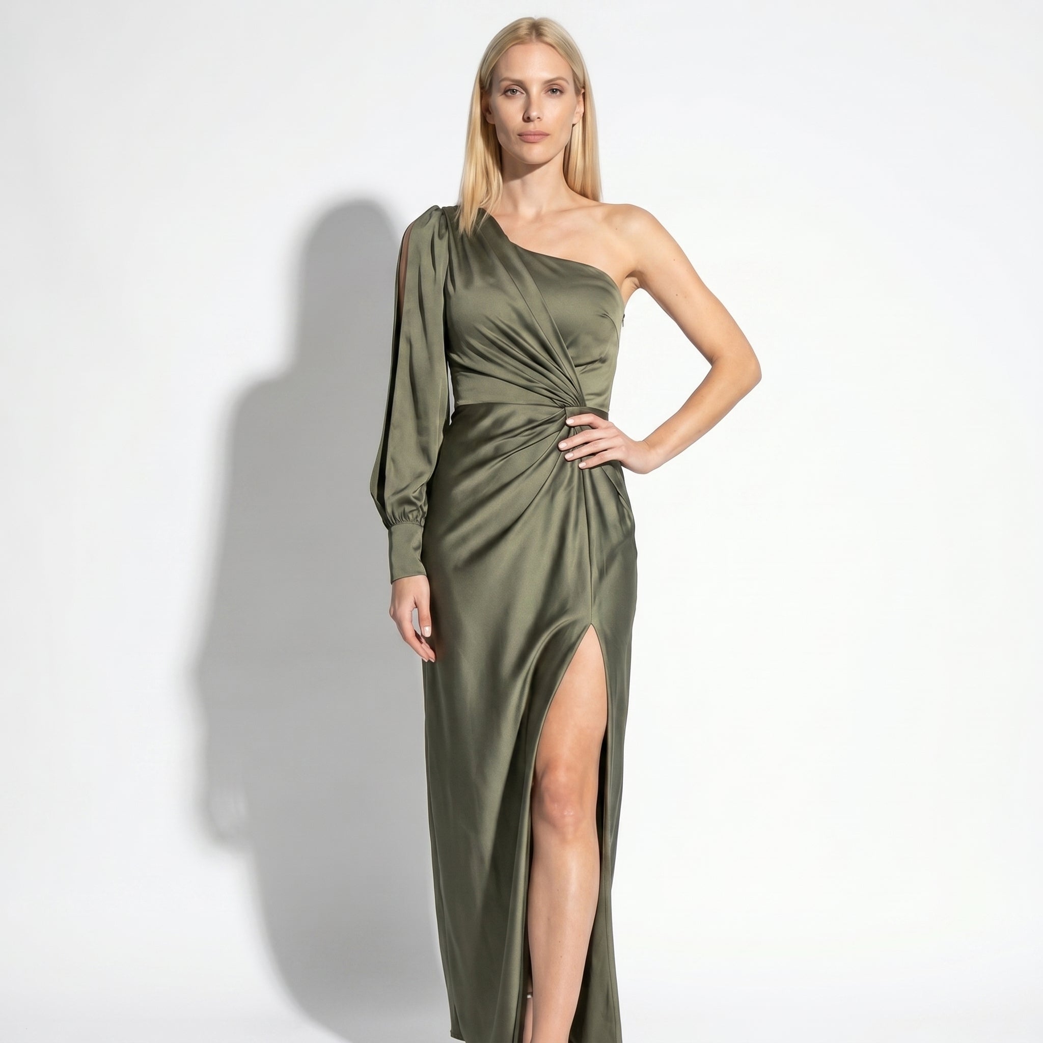 Isabella - Women's One - Shoulder Party Maxi Dress - Dresses Sale - Olive Green - Taylor & Bennett