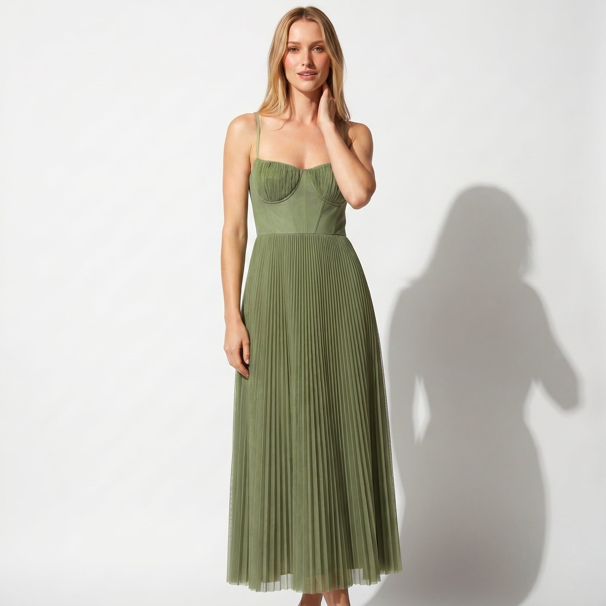 Isabella - Women's Pleated Corset Midi Dress - Dresses - Green - Taylor & Bennett