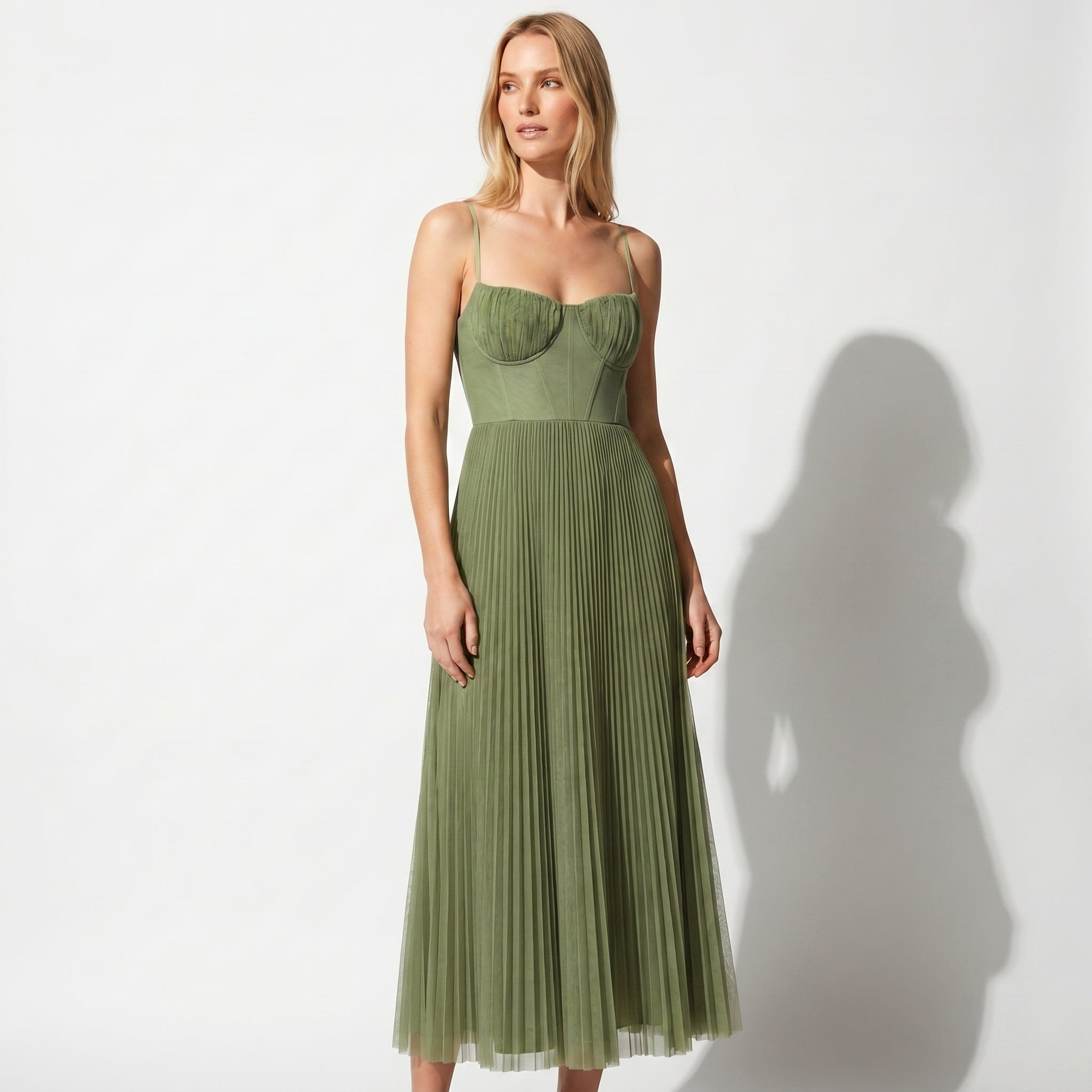 Isabella - Women's Pleated Corset Midi Dress - Dresses - Green - Taylor & Bennett