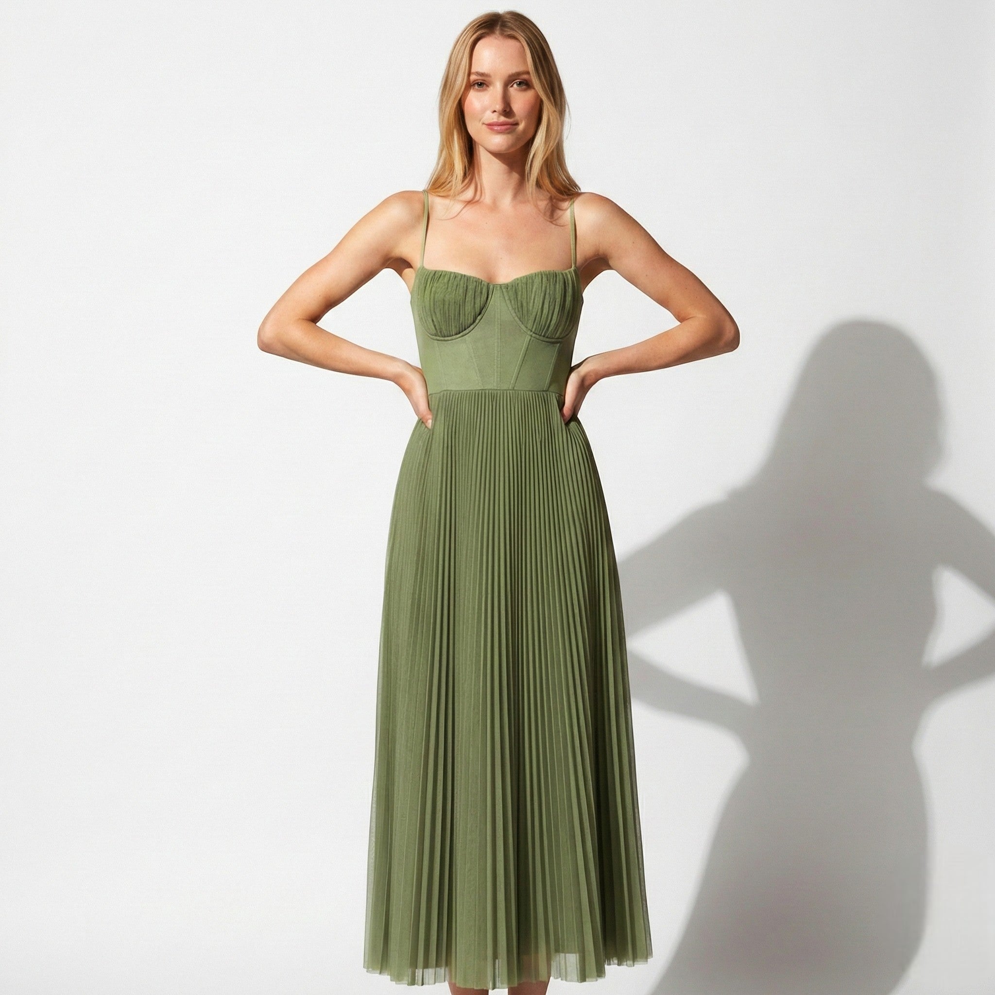 Isabella - Women's Pleated Corset Midi Dress with Spaghetti Straps - Dresses - Green - Taylor & Bennett