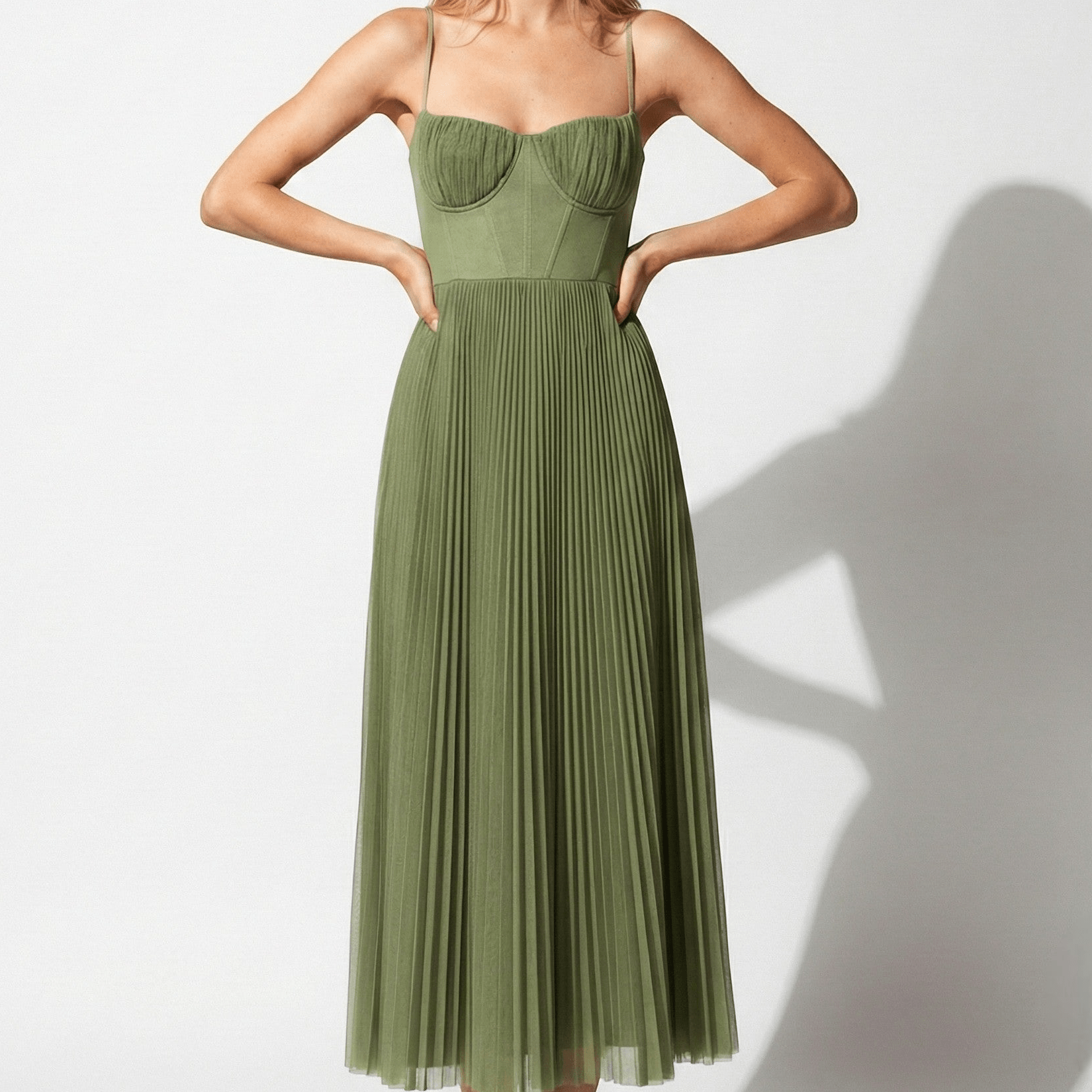 Isabella - Women's Pleated Corset Midi Dress with Spaghetti Straps - Dresses - Green - Taylor & Bennett