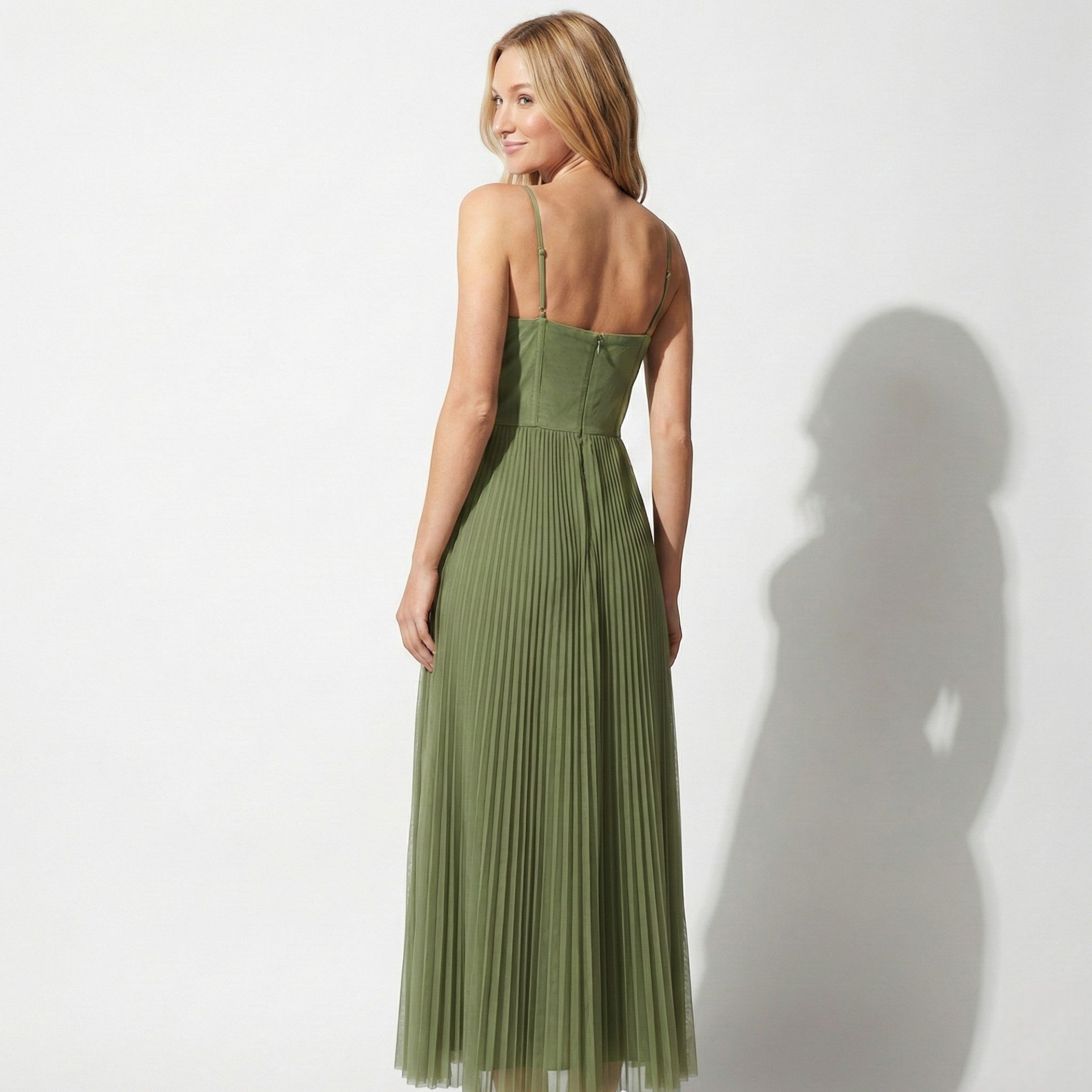 Isabella - Women's Pleated Corset Midi Dress with Spaghetti Straps - Dresses - Green - Taylor & Bennett