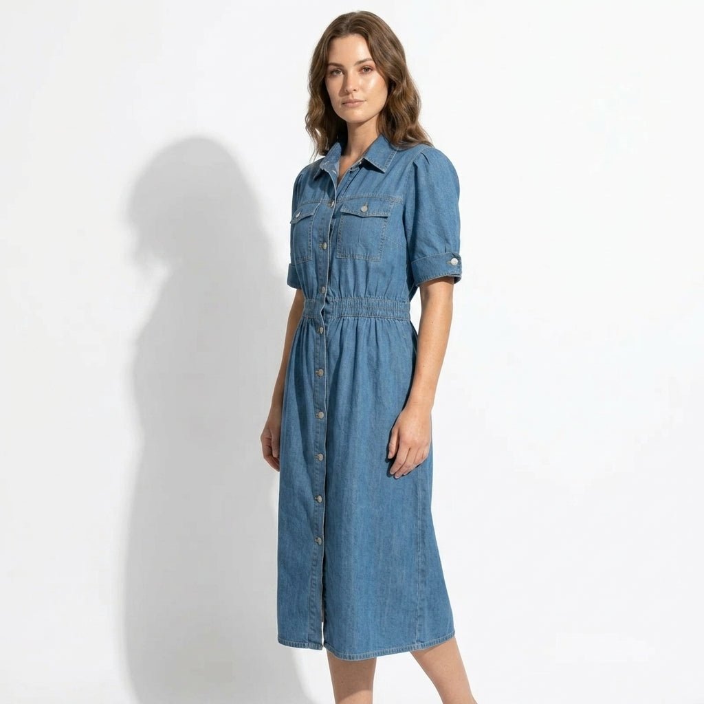 Isabelle – Women's Summer Denim Midi Dress with Button - Down Front - Midi Dress - Blue - Taylor & Bennett