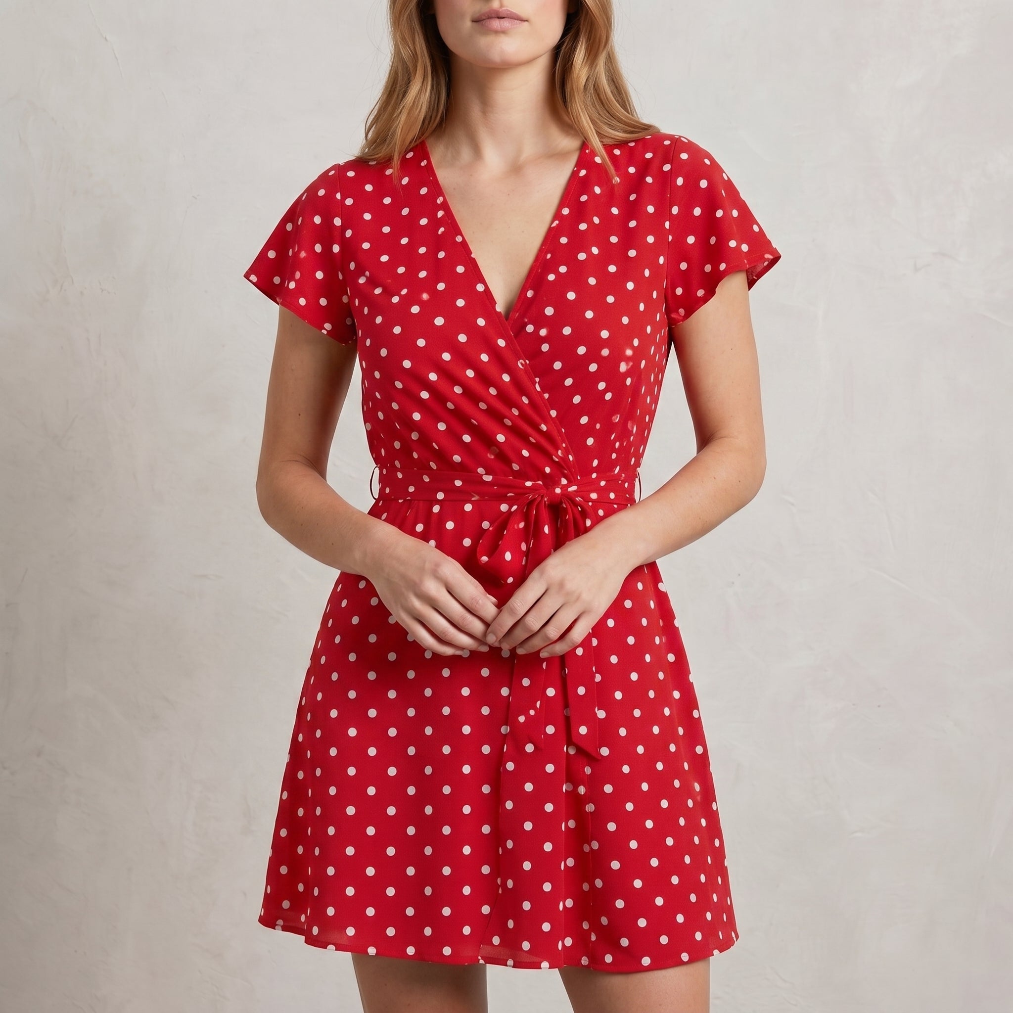 Isabelle - Women's Summer Polka Dot Wrap Midi Dress with Tie Waist - Dresses - Red - Taylor & Bennett