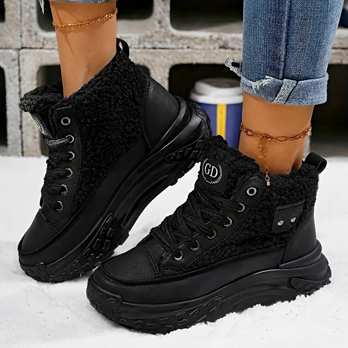 Isla - Women's Faux Shearling High-Top Trainer Boots - Boots - Black - Taylor & Bennett