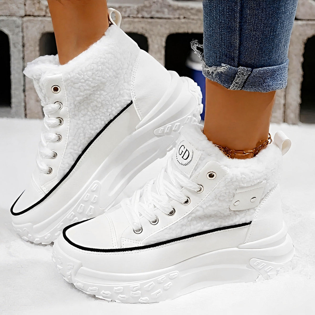 Isla - Women's Faux Shearling High-Top Trainer Boots - Boots - White - Taylor & Bennett