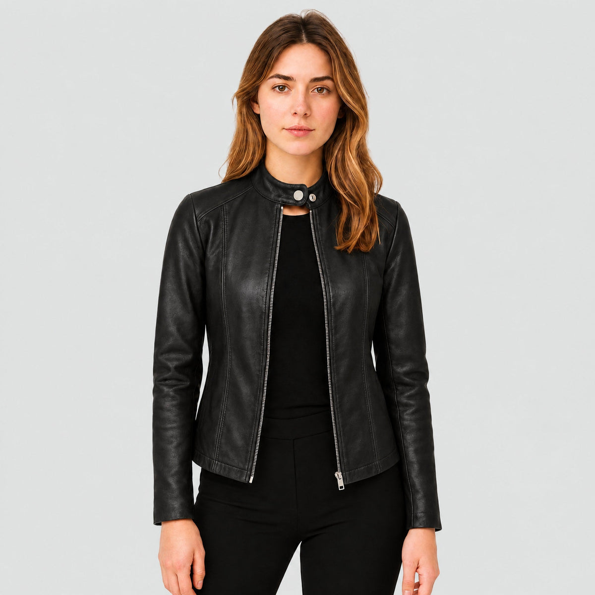 Isla - Women's Fitted Zip-Up Biker Jacket with Stand Collar - Motorcycle Outerwear - Black - Taylor & Bennett