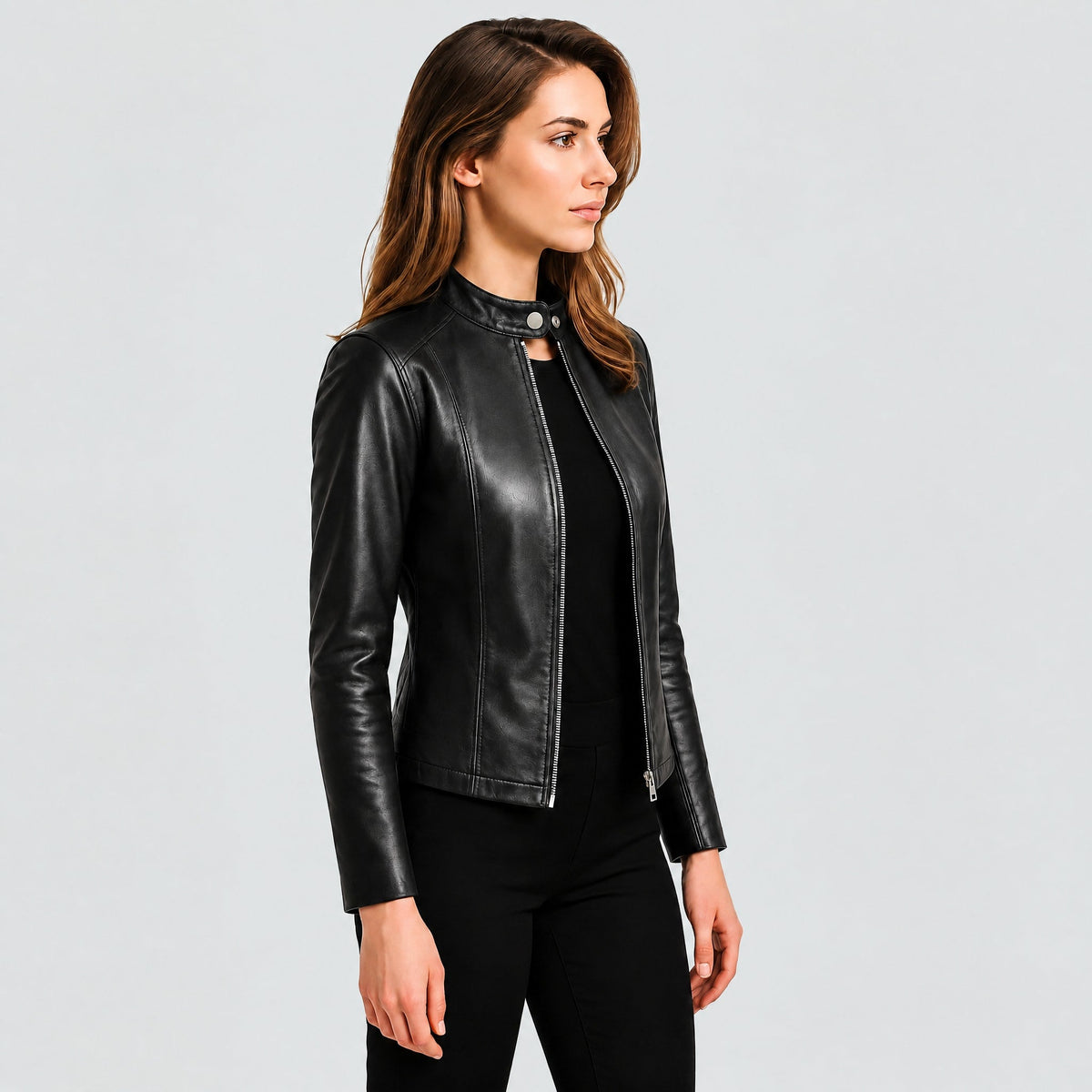 Isla - Women's Fitted Zip-Up Biker Jacket with Stand Collar - Motorcycle Outerwear - Black - Taylor & Bennett