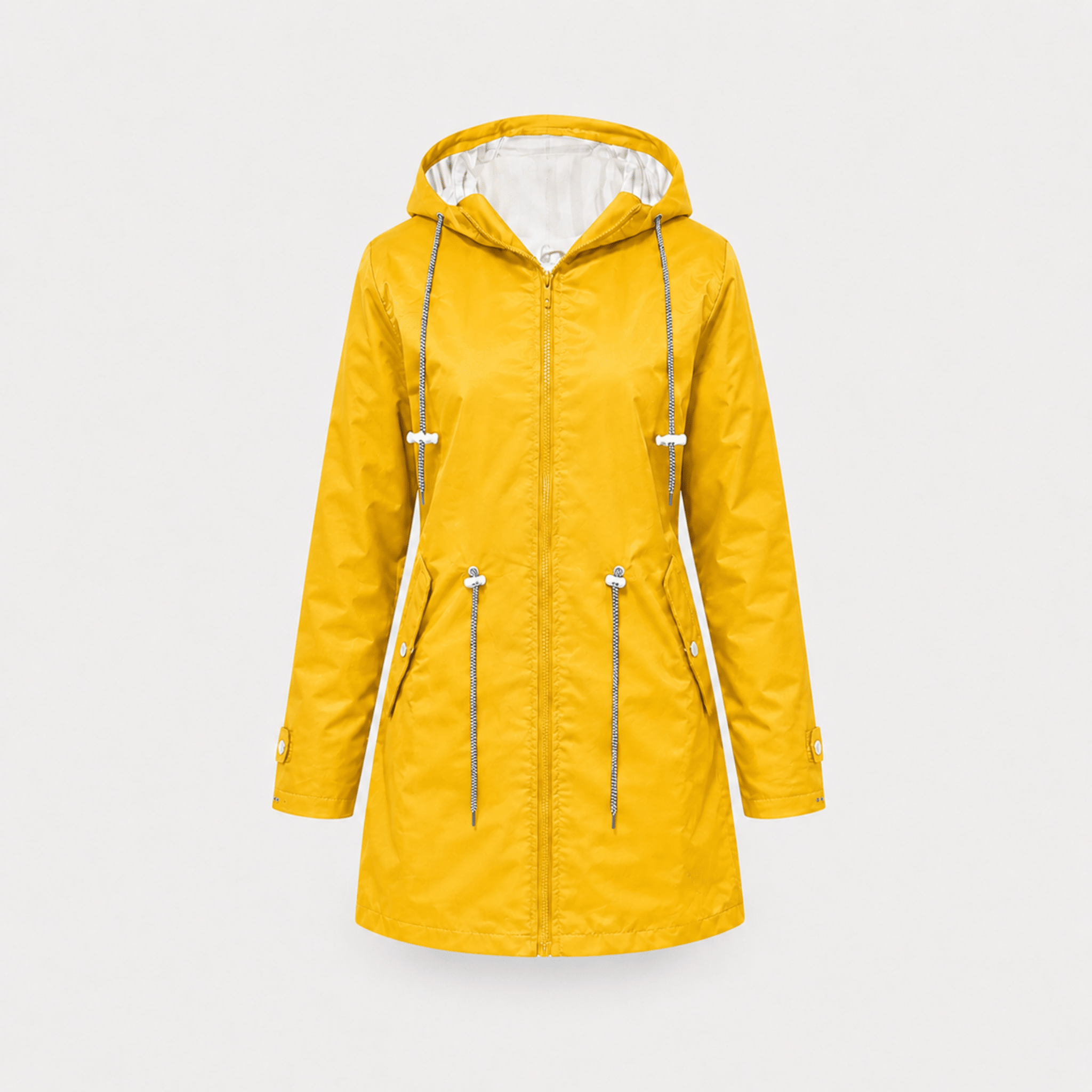 Isla - Women's Hooded Longline Rain Jacket with Striped Lining - Rain Coat - Yellow - Taylor & Bennett