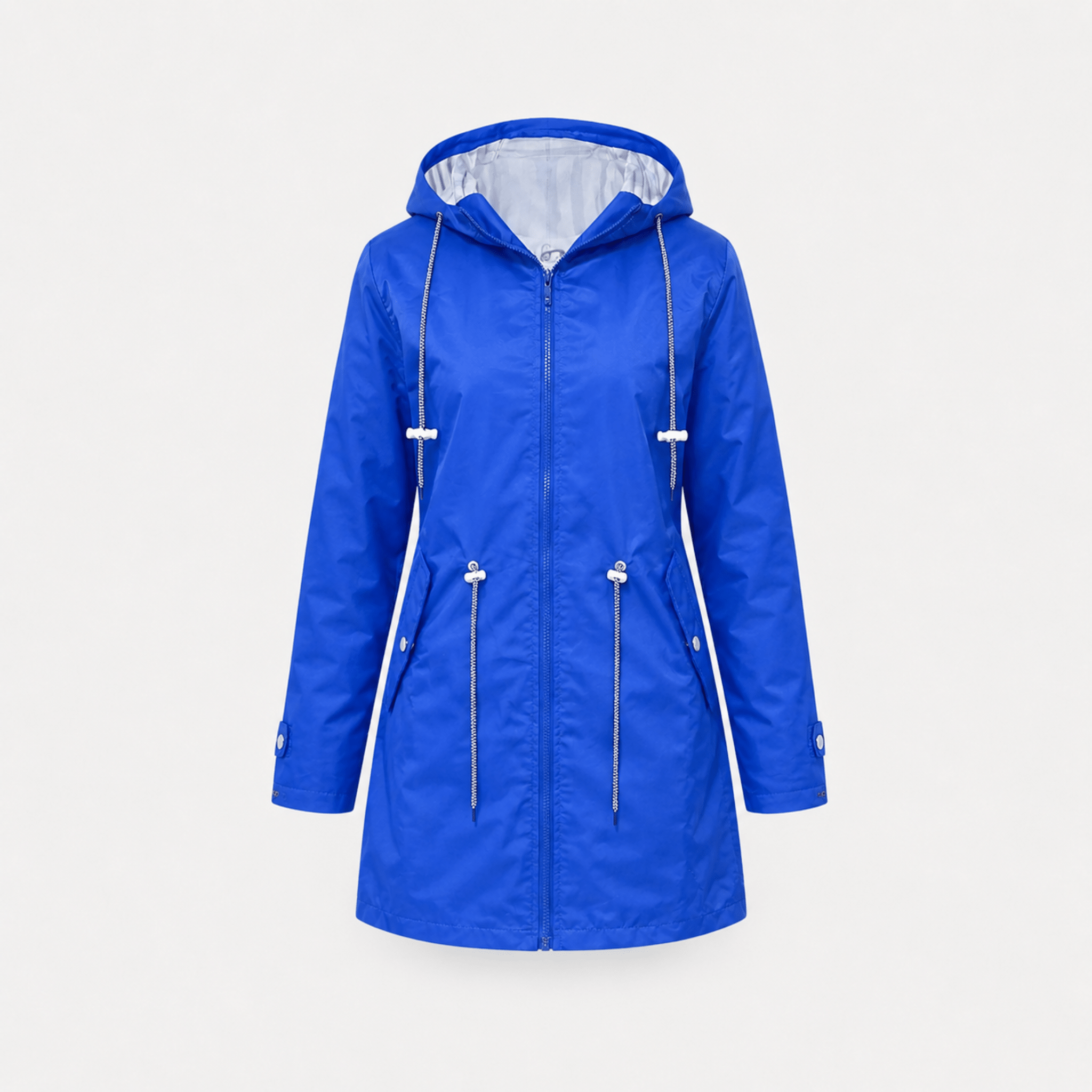 Isla - Women's Hooded Longline Rain Jacket with Striped Lining - Rain Coat - Blue - Taylor & Bennett
