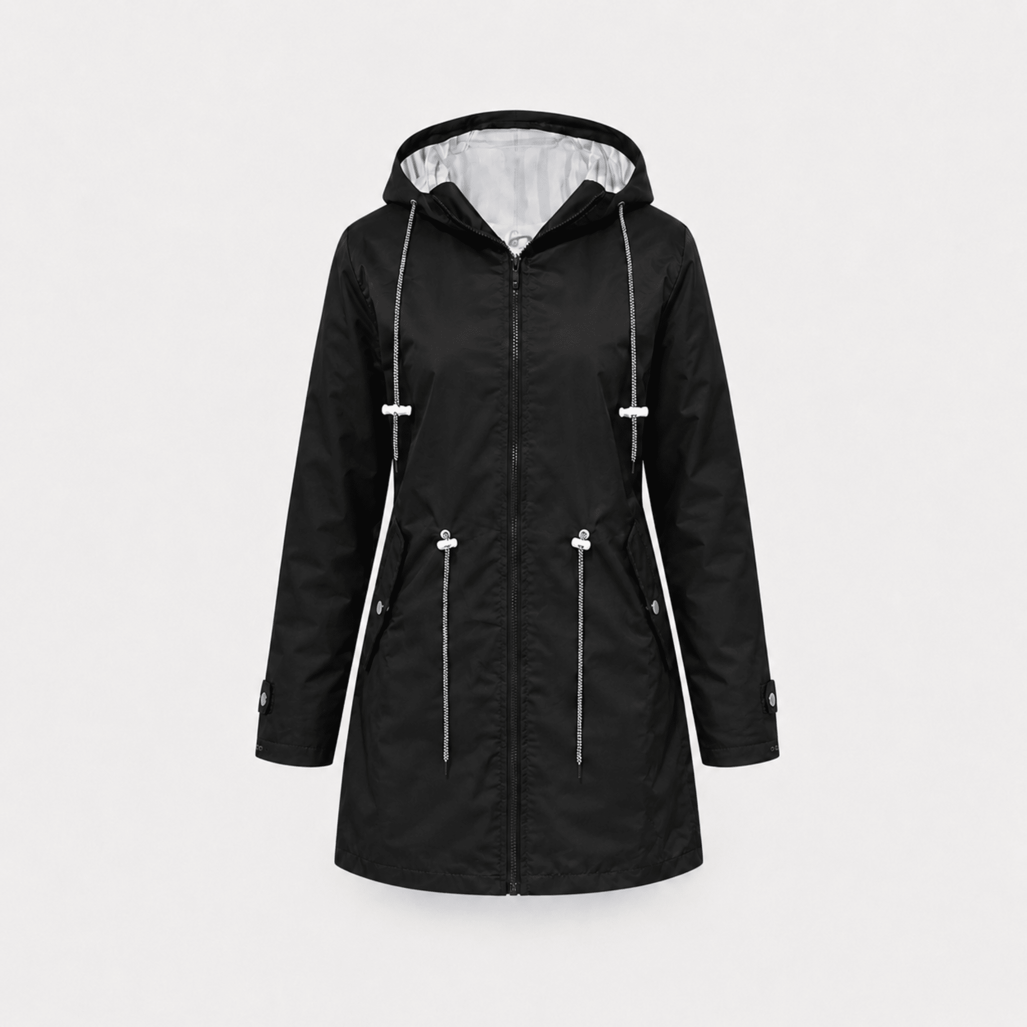 Isla - Women's Hooded Longline Rain Jacket with Striped Lining - Rain Coat - Black - Taylor & Bennett