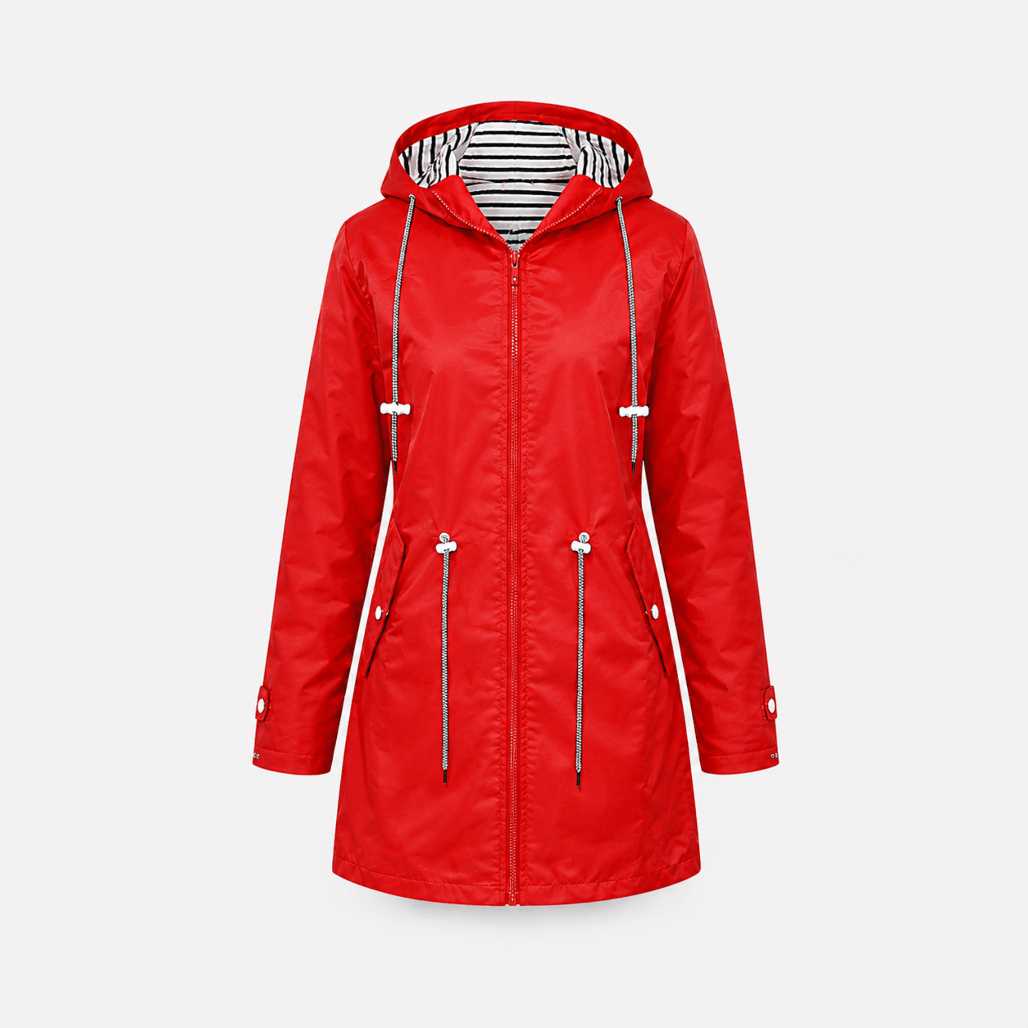 Isla - Women's Hooded Longline Rain Jacket with Striped Lining - Rain Coat - Red - Taylor & Bennett
