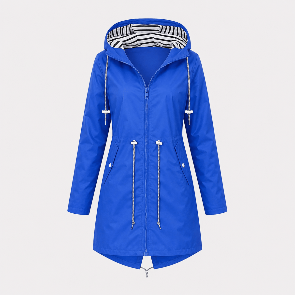 Isla - Women's Hooded Longline Rain Jacket with Striped Lining - Rain Coat - Blue - Taylor & Bennett