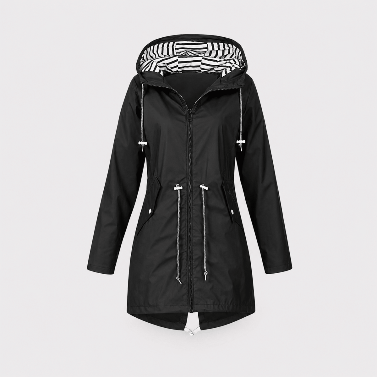 Isla - Women's Hooded Longline Rain Jacket with Striped Lining - Rain Coat - Black - Taylor & Bennett