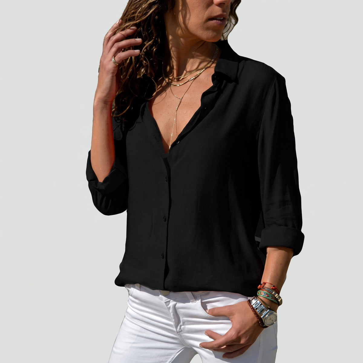 Isla - Women's Long Sleeve Button-Down Blouse with Roll-Up Sleeves - Blouses - Black - Taylor & Bennett