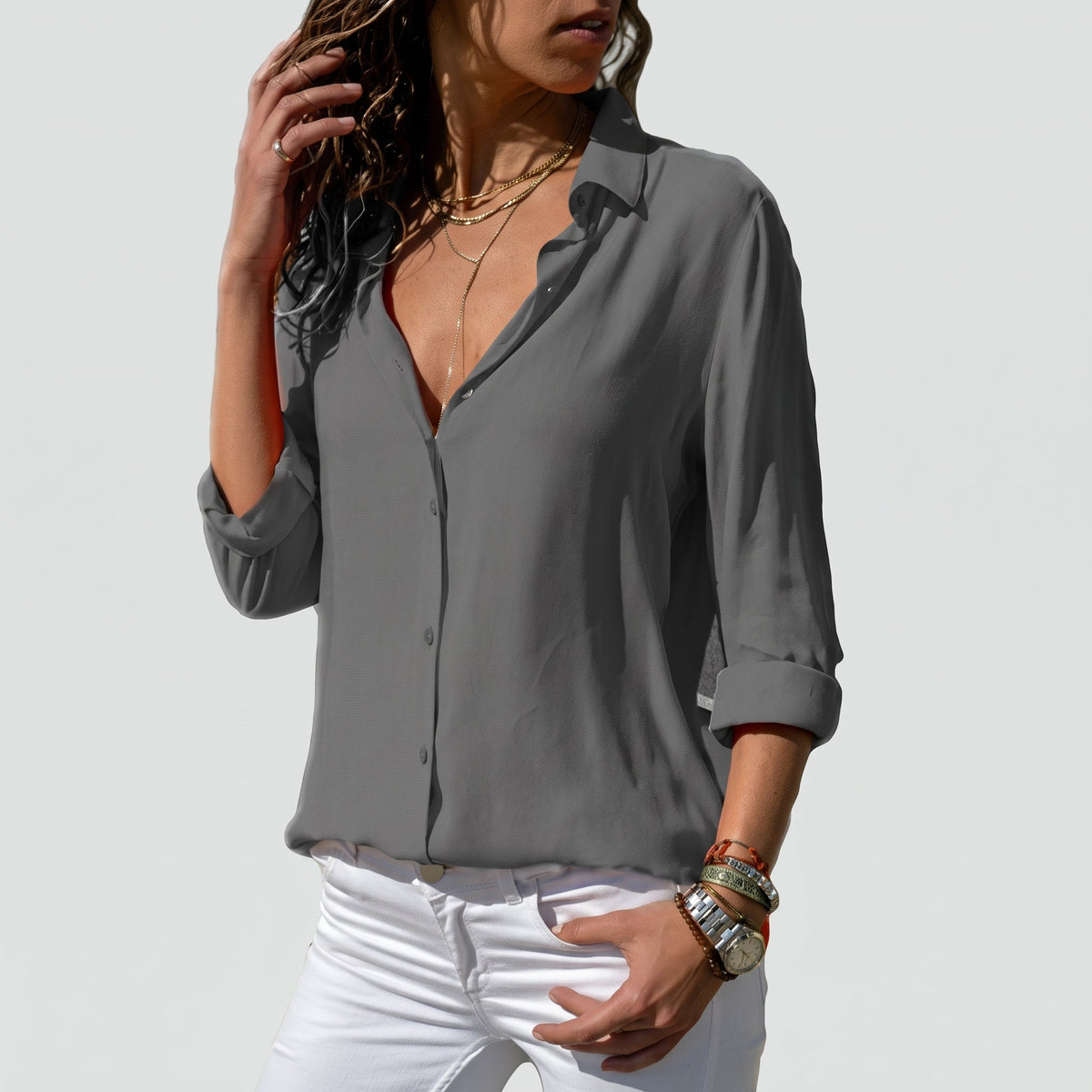 Isla - Women's Long Sleeve Button-Down Blouse with Roll-Up Sleeves - Blouses - Grey - Taylor & Bennett