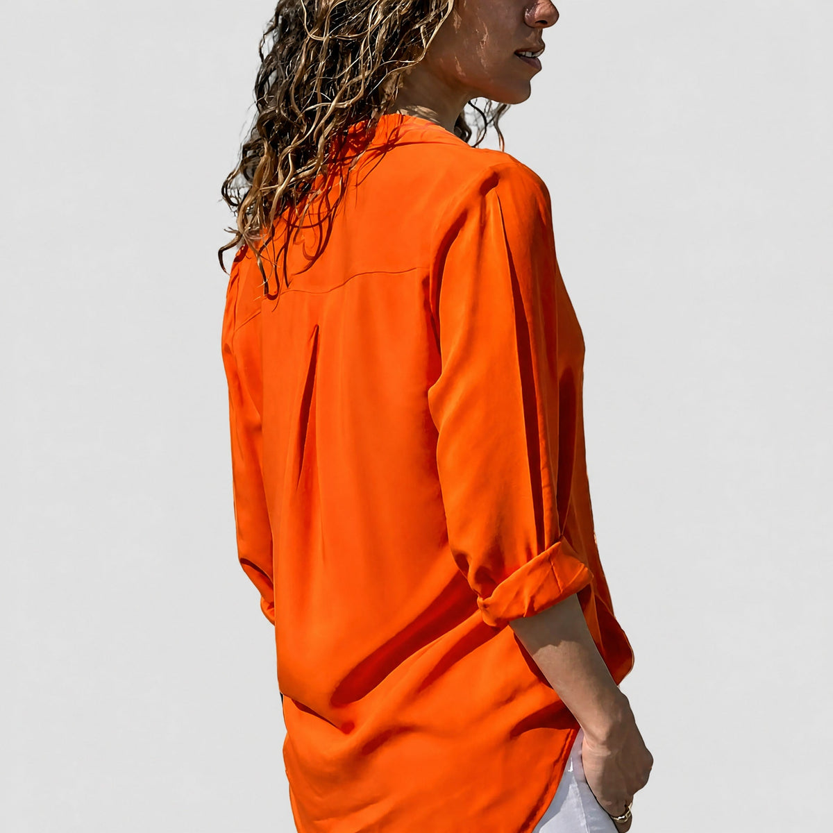 Isla - Women's Long Sleeve Button-Down Blouse with Roll-Up Sleeves - Blouses - Orange - Taylor & Bennett