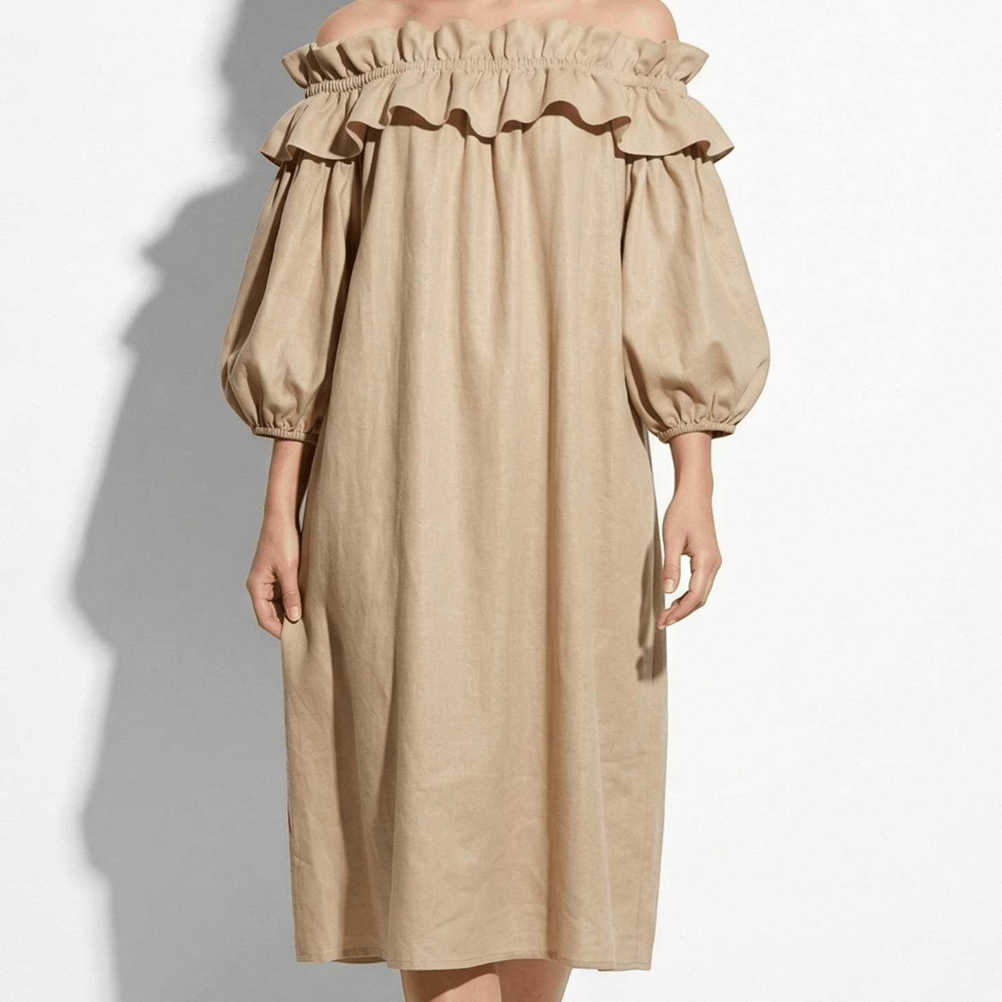 Isla - Women's Off - Shoulder Puff Sleeve Midi Dress - Midi Dresses - Beige - Taylor & Bennett